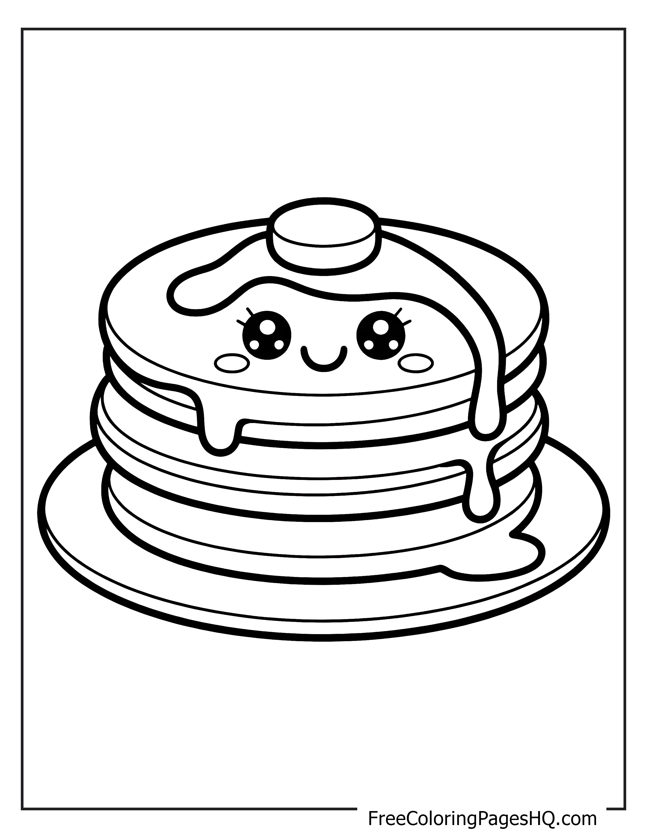 Cute pancake stack with a joyful face and syrup.