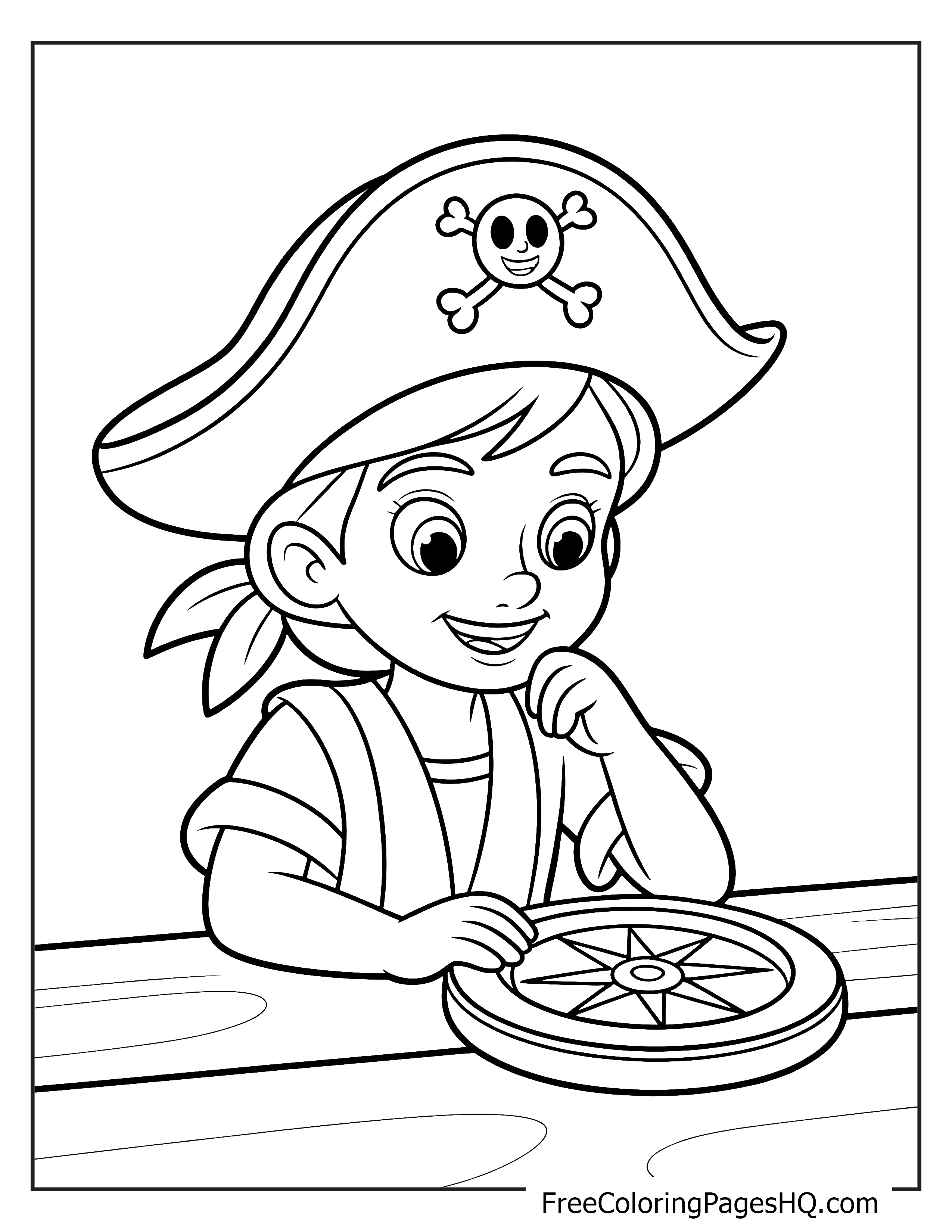 Young pirate with a jaunty hat looks at a compass with excitement.