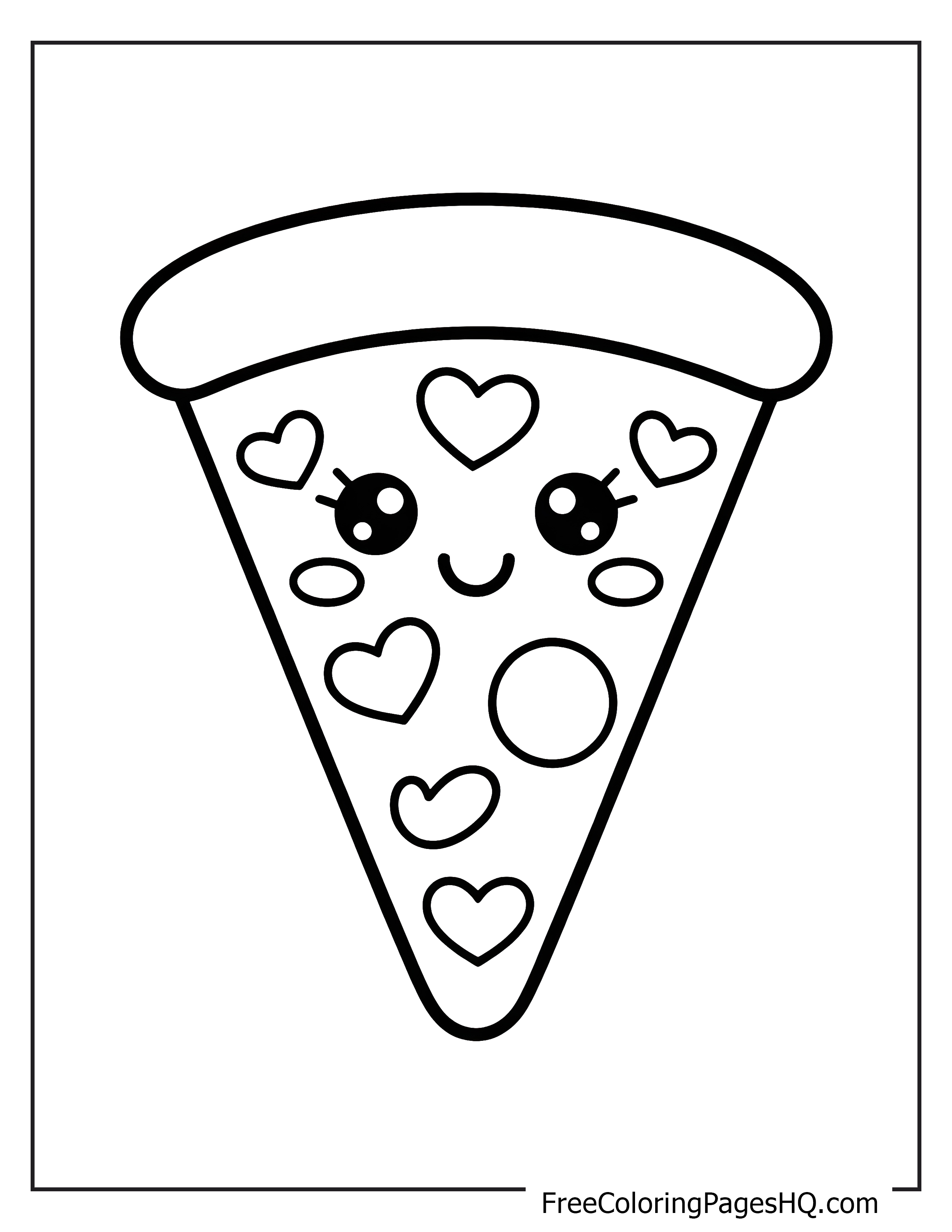 Cute pizza slice with a smile and hearts illustration.
