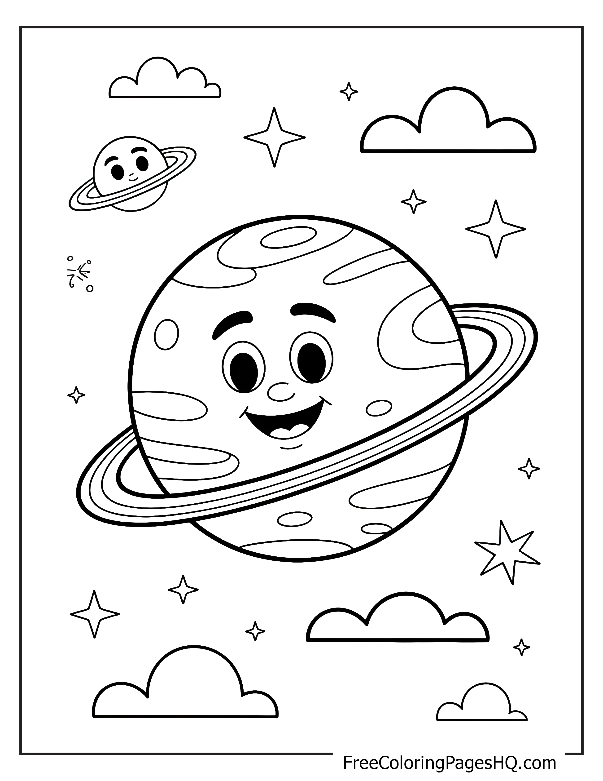 Happy planet with a ring surrounded by stars and clouds.