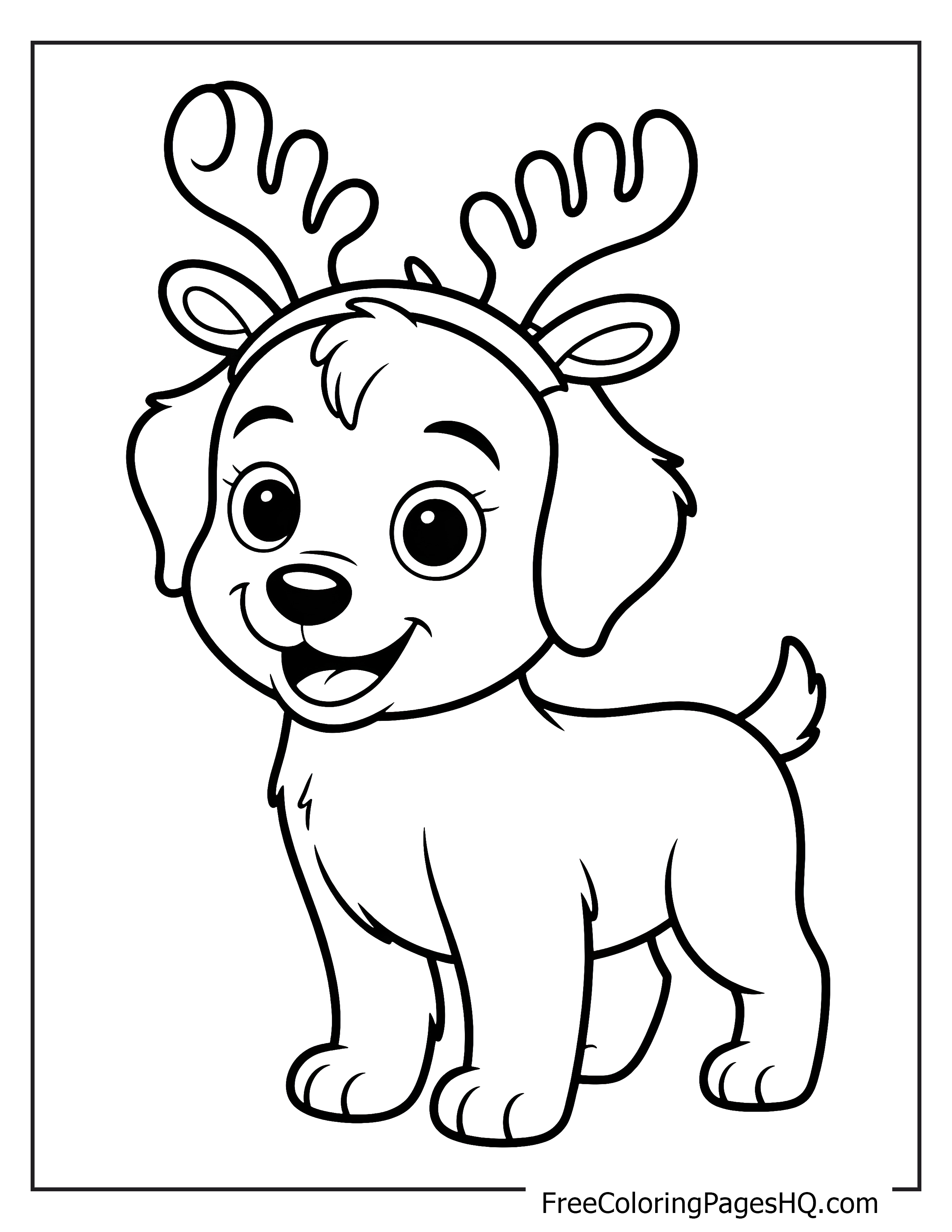 Adorable puppy wearing an antlers headband, looking joyful.