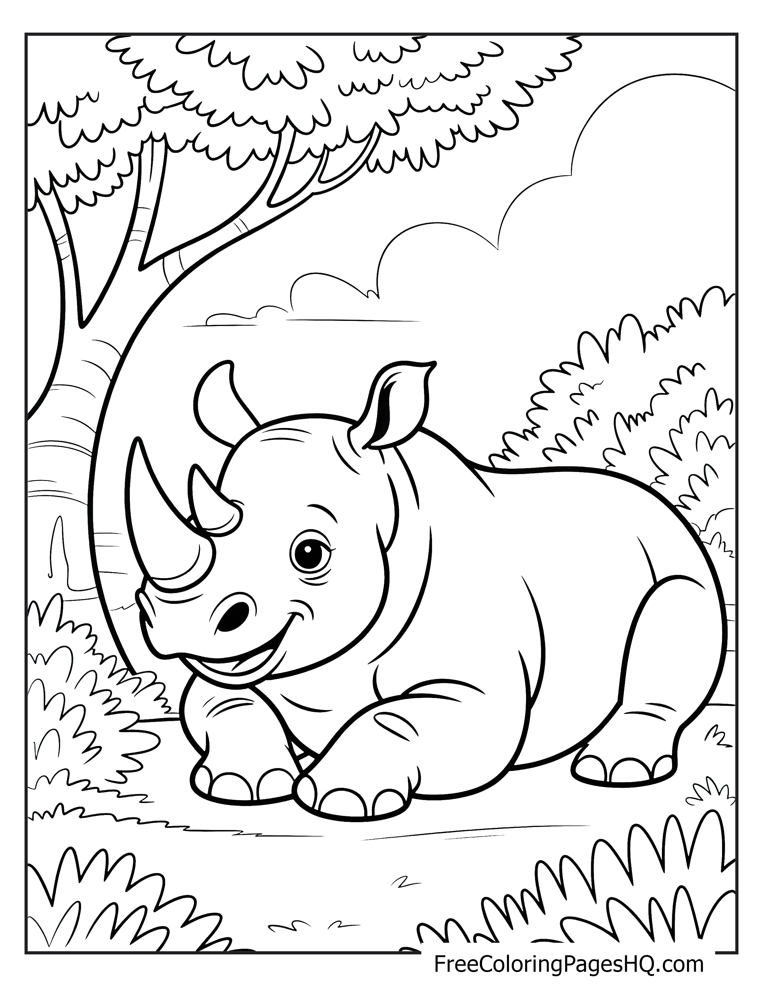 A happy rhino resting under a tree in a jungle setting.