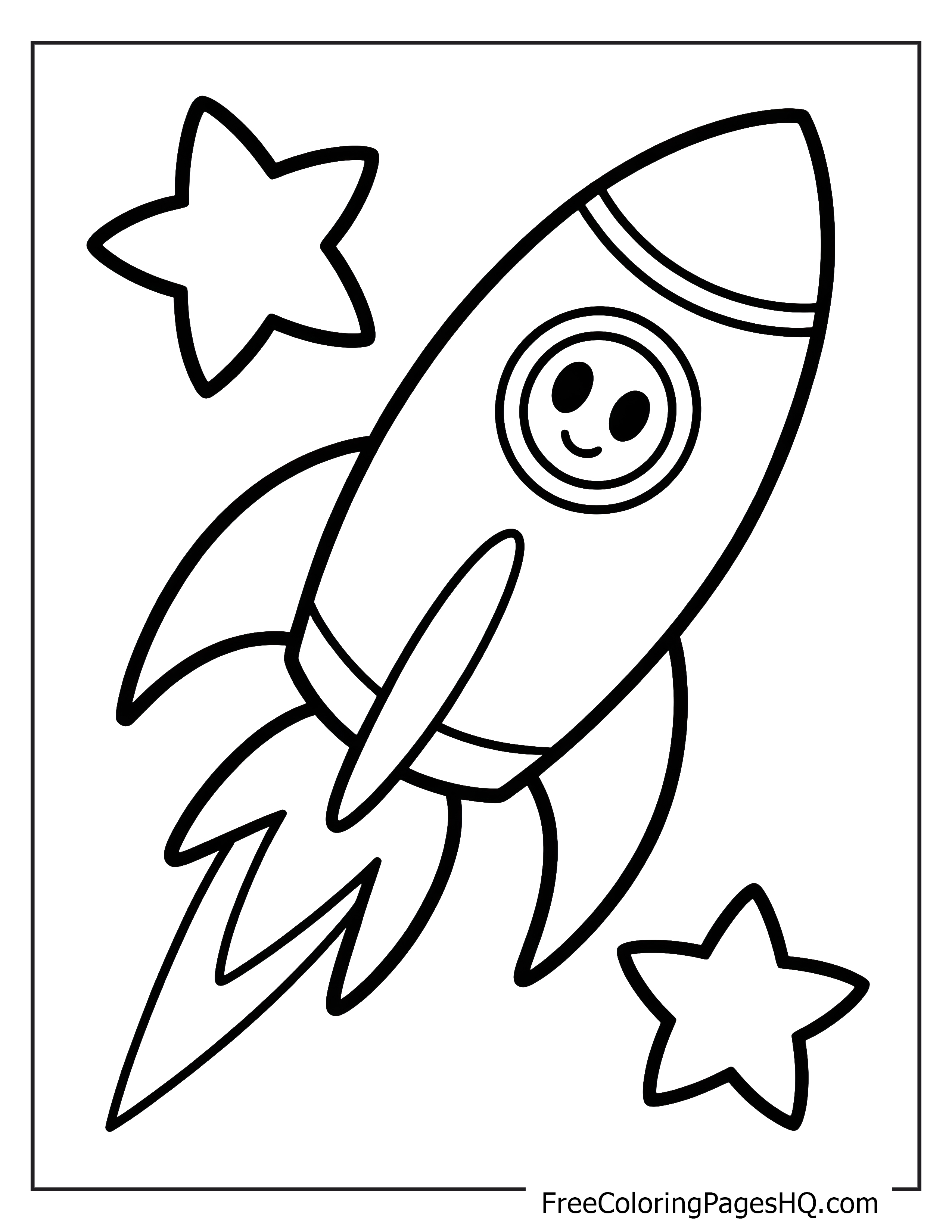 Smiling rocket illustration with stars for kids.