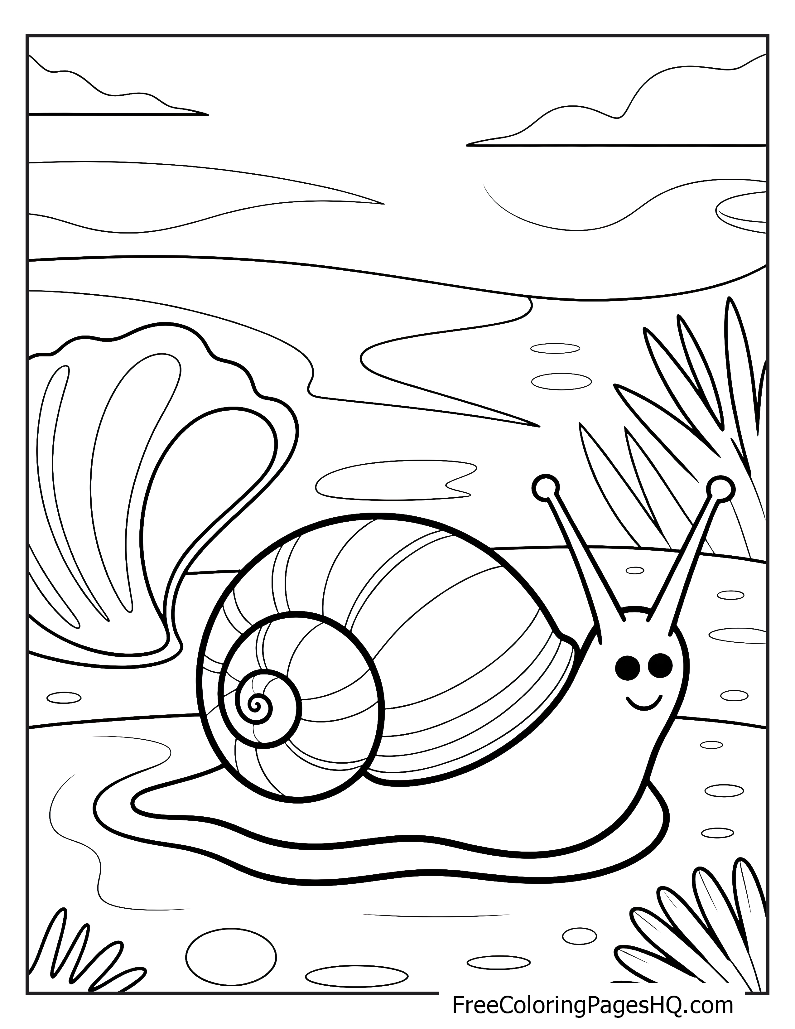 A smiling snail crawls beside seashells on a beach with a cloudy backdrop.