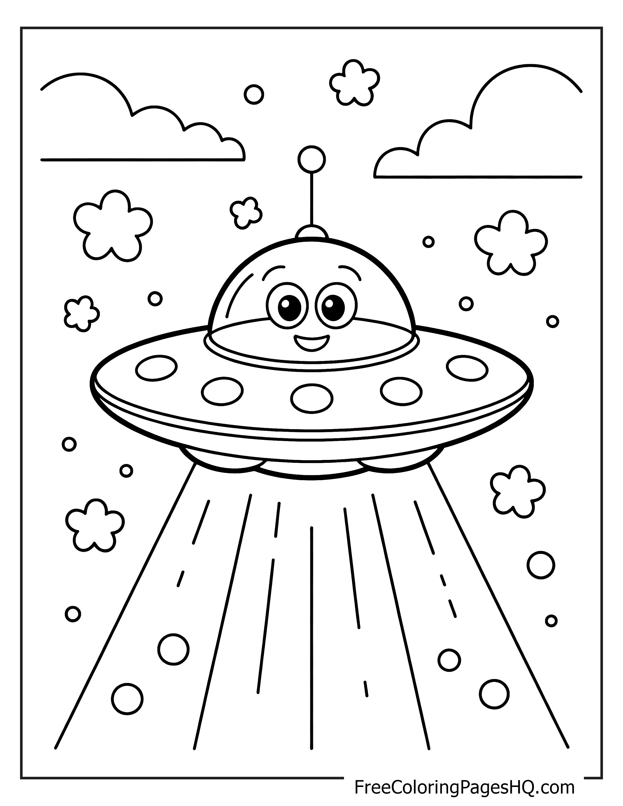 Cute UFO with clouds and stars around it.