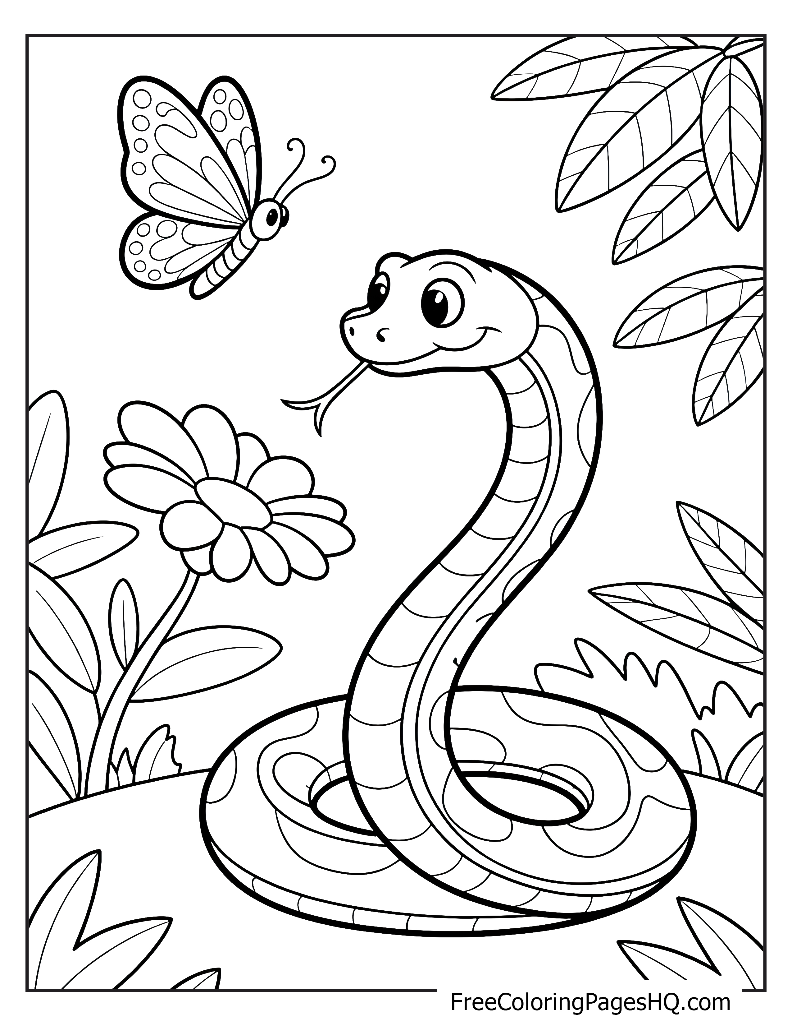 A snake looks at a butterfly in a garden full of flowers and leaves.
