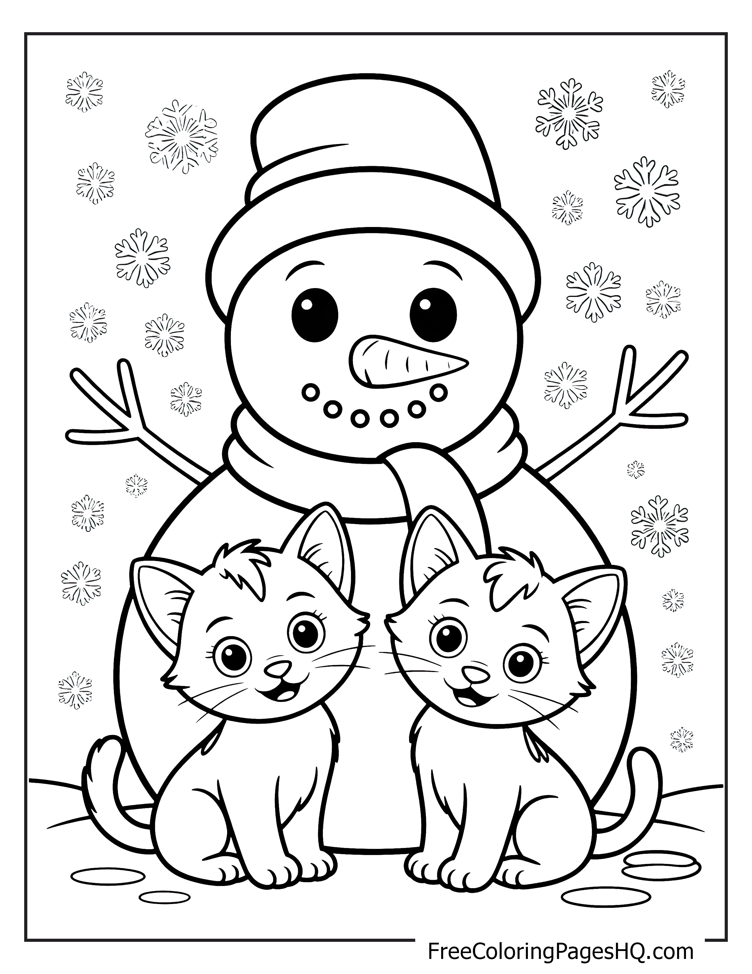 A snowman and kittens sit in a snowy scene with falling snowflakes.