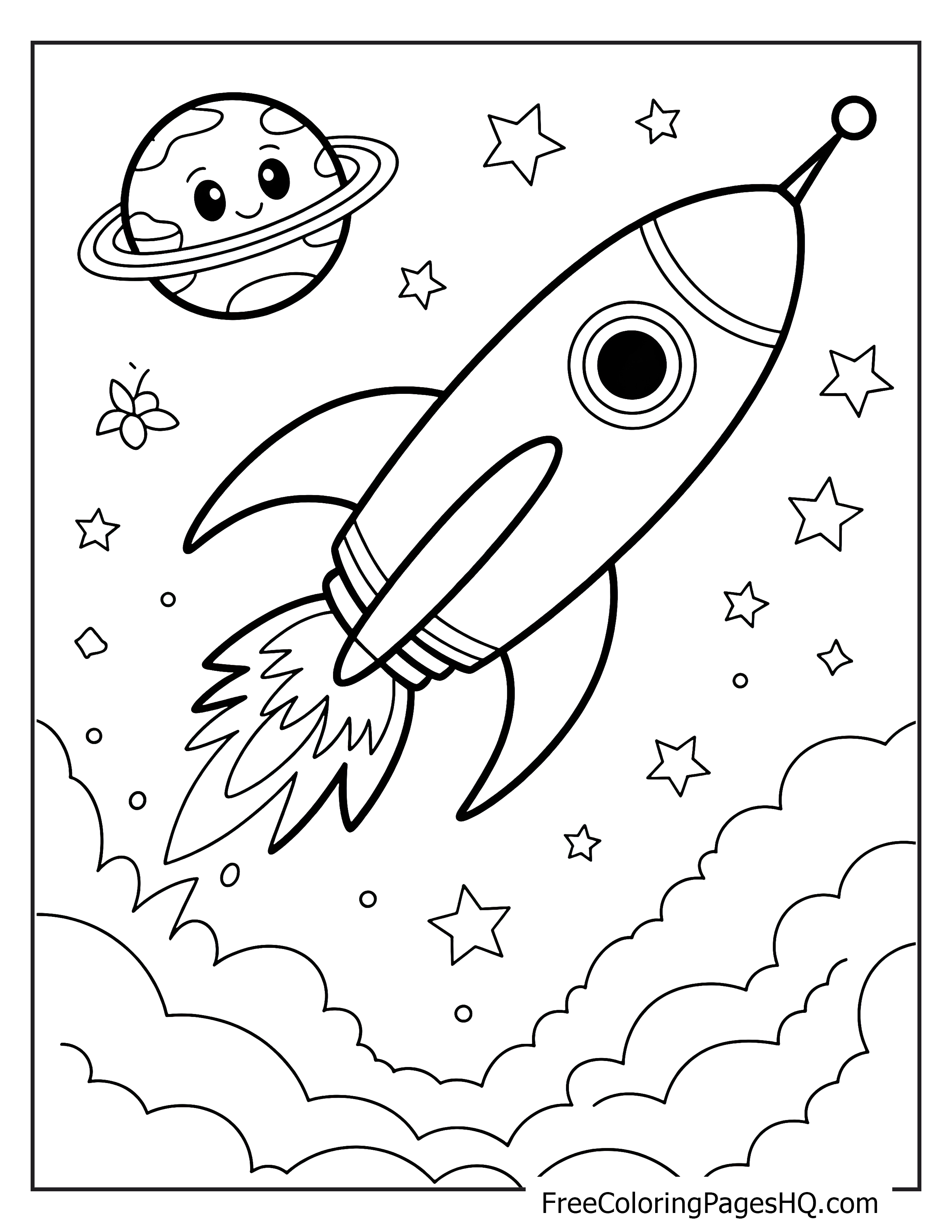 Rocket flying through space with stars and planets.