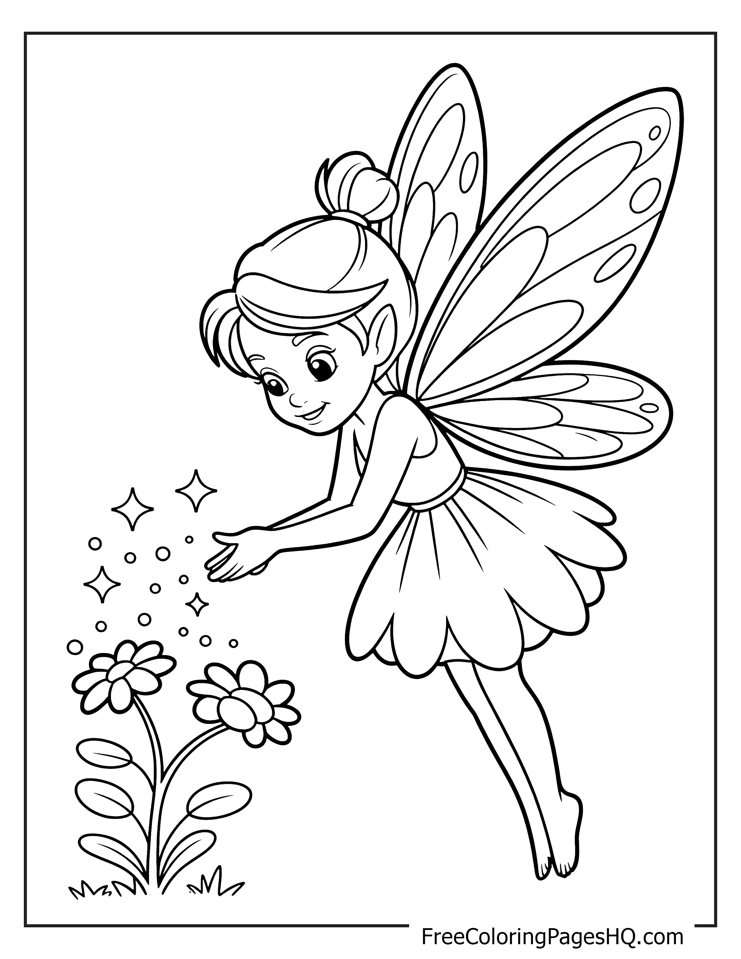 Fairy with shimmering wings sprinkles magic dust over flowers.