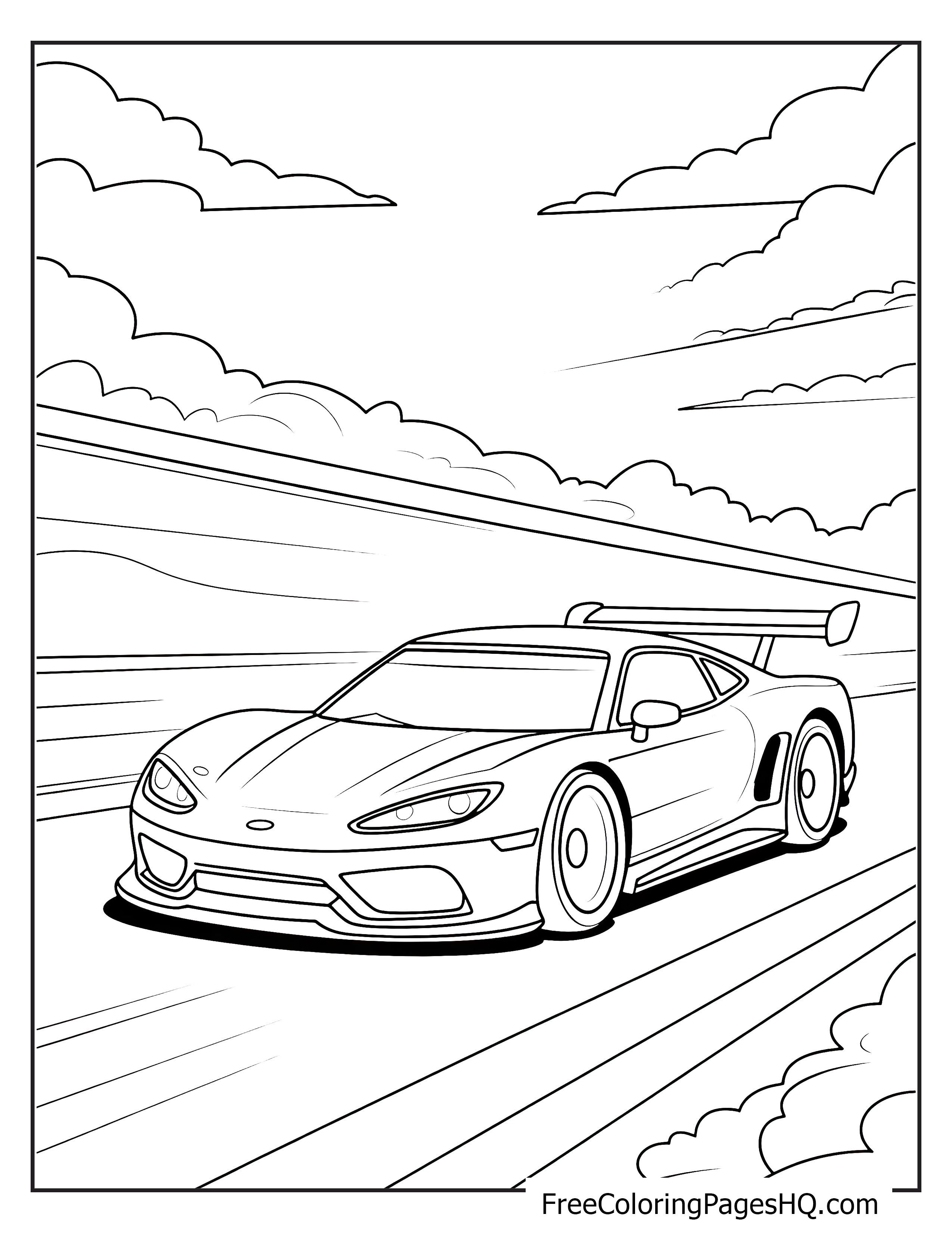 Illustration of a race car speeding down a road.