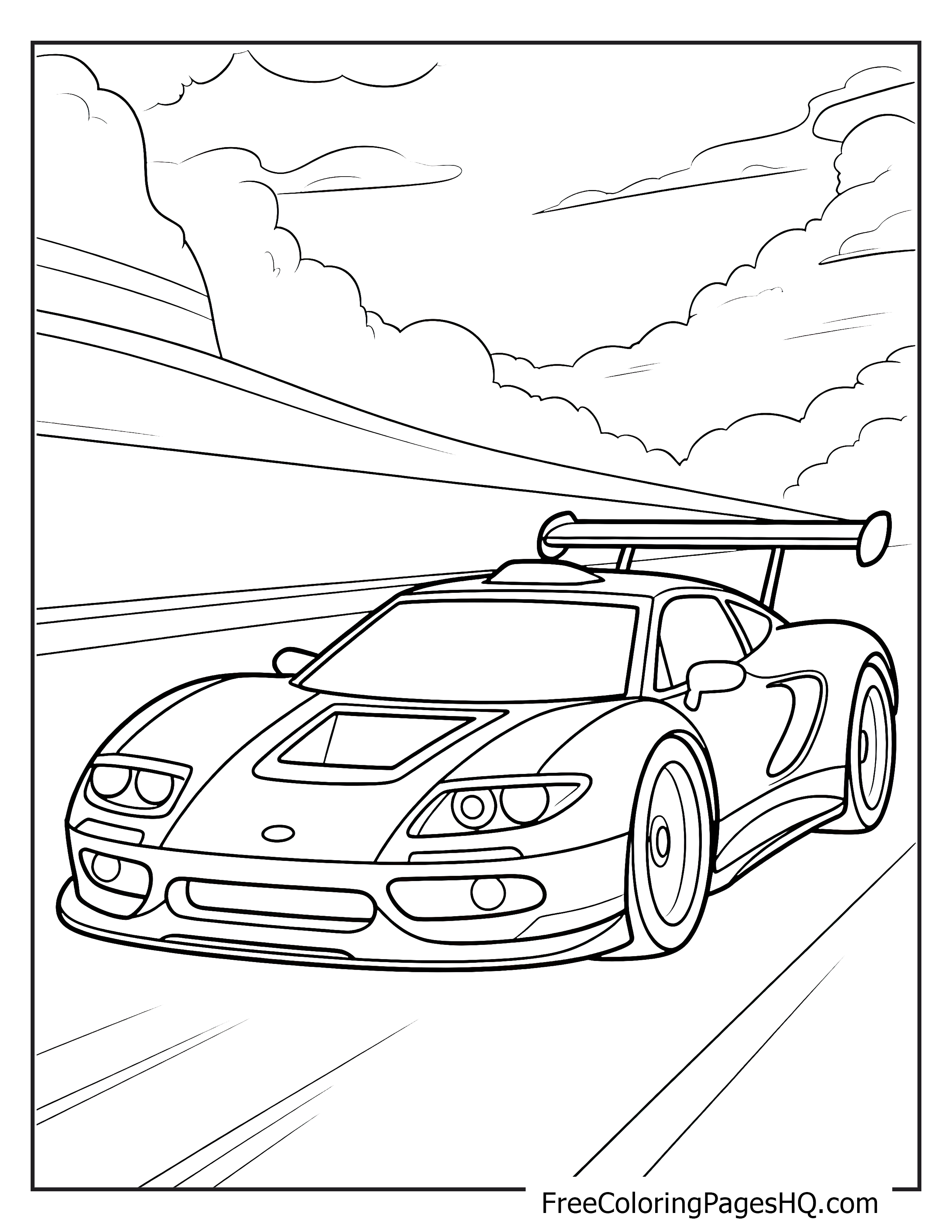 Illustration of a fast sports car on a road under cloudy skies.