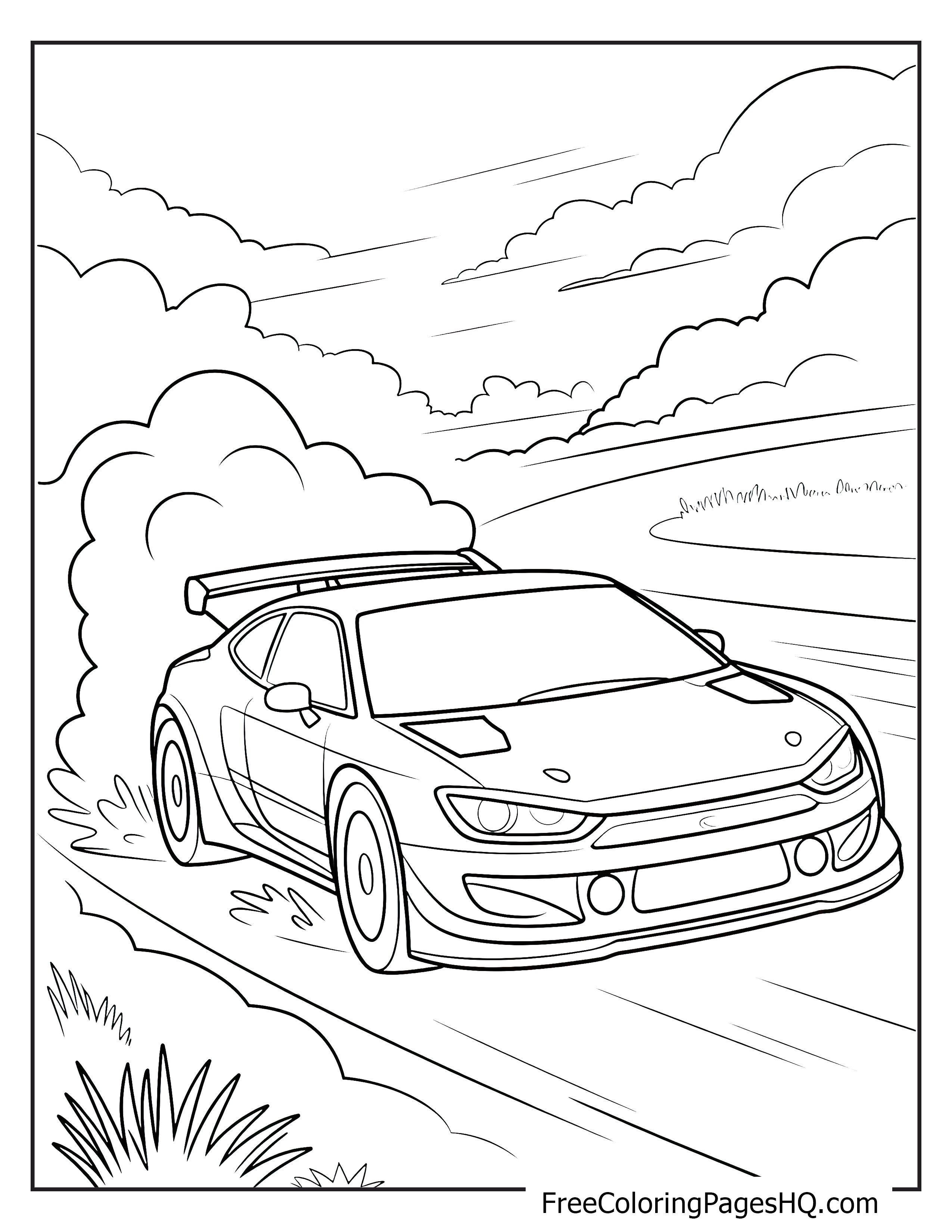 Illustration of a sports car racing on a track.