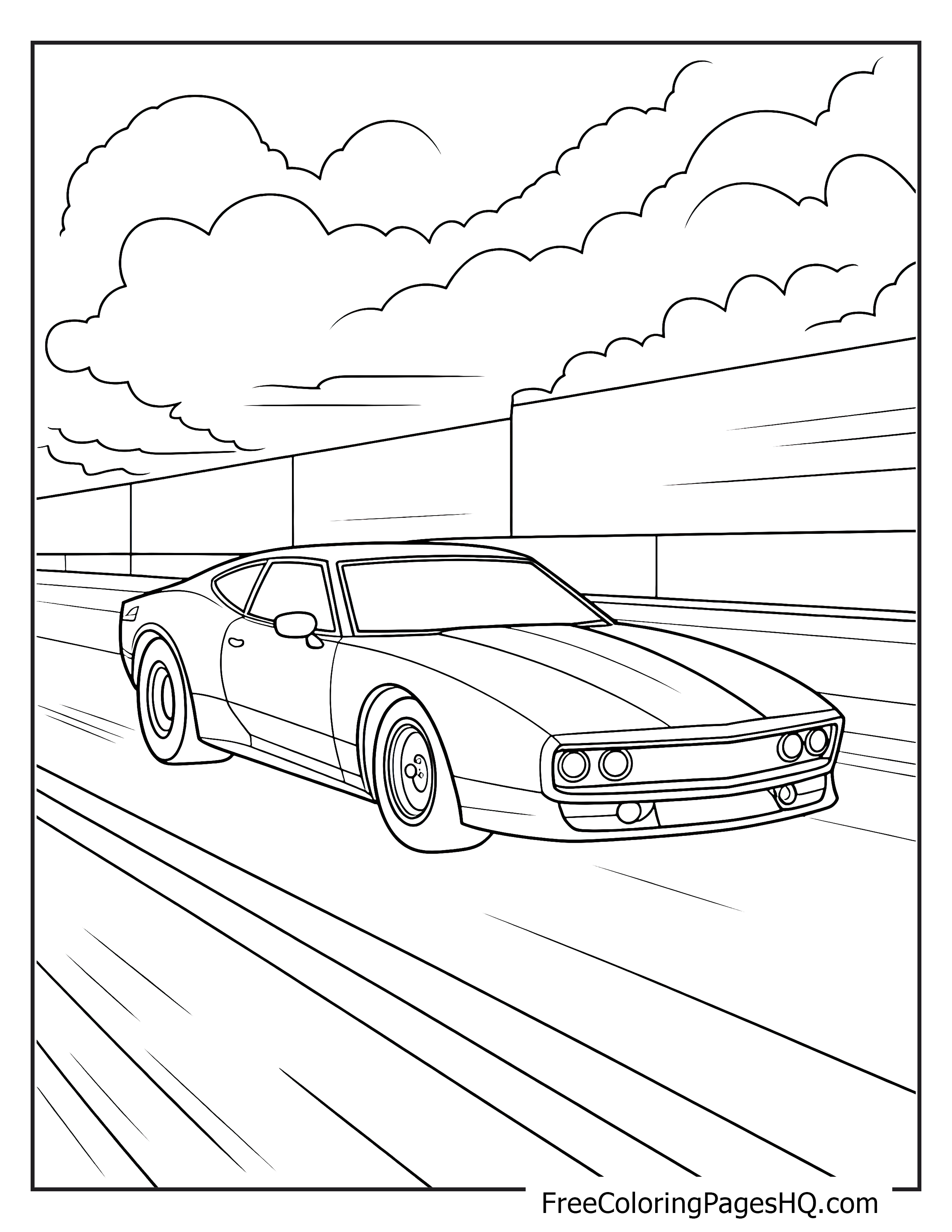 Illustration of a fast sports car driving on an open road.