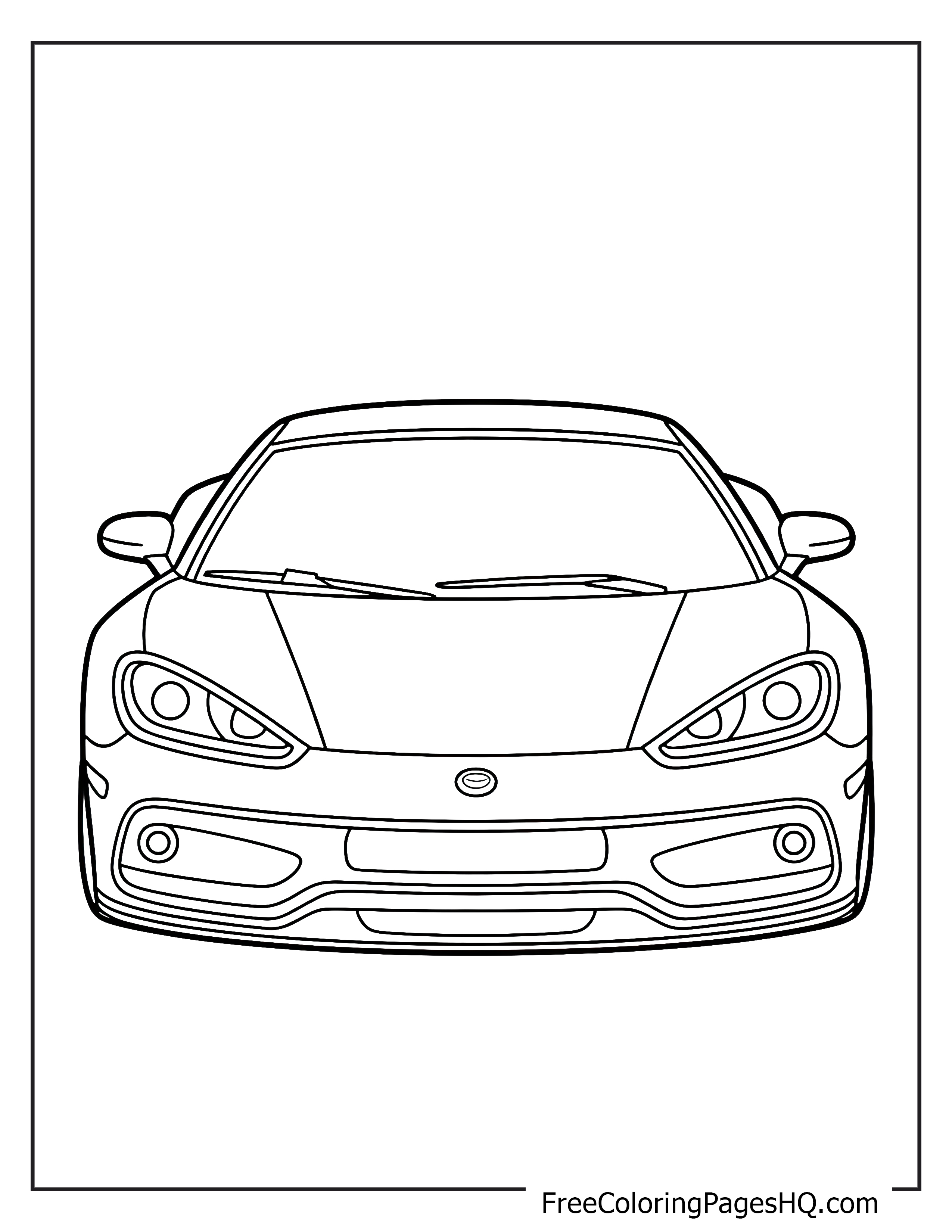 Line drawing of a sports car viewed head-on.