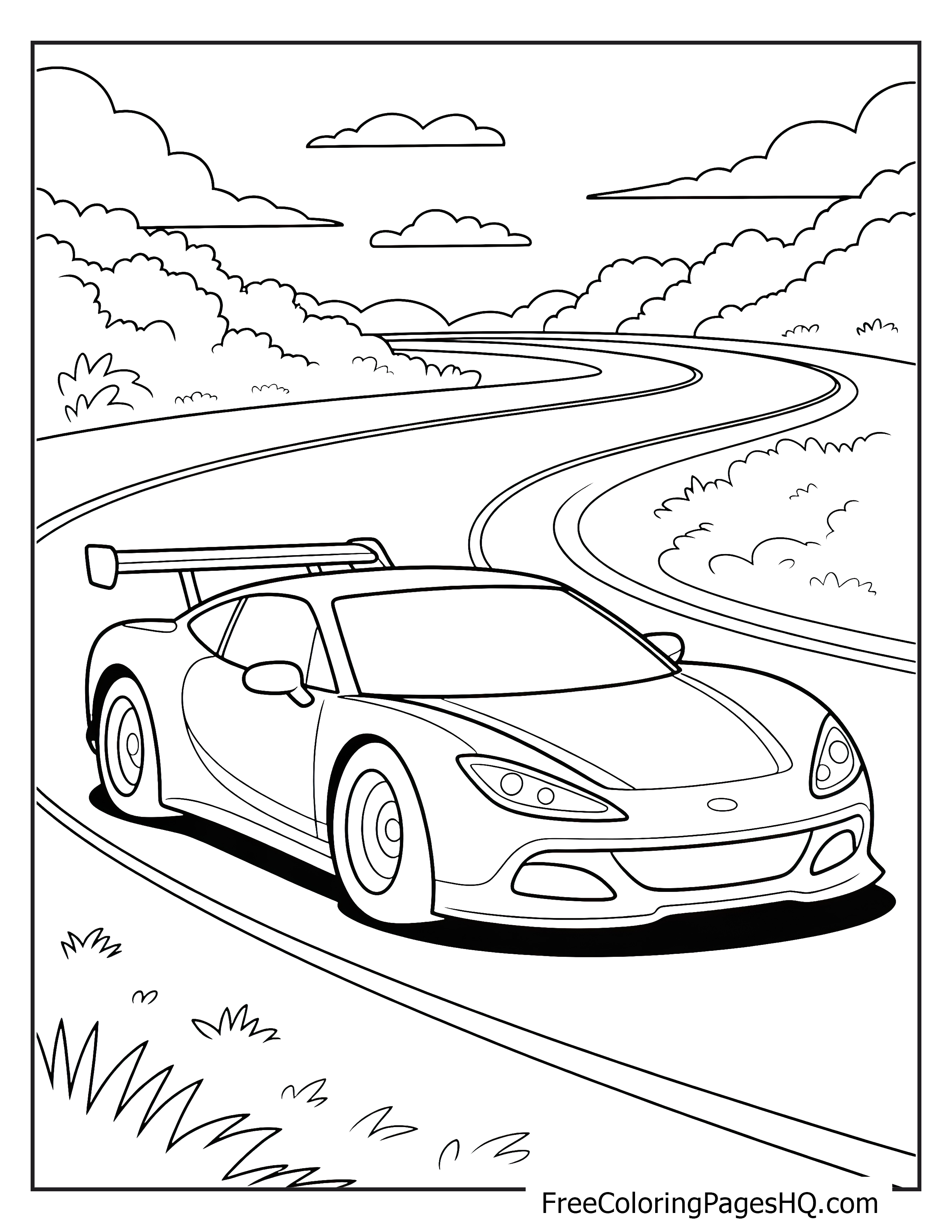 Illustration of a sports car driving on a winding road.