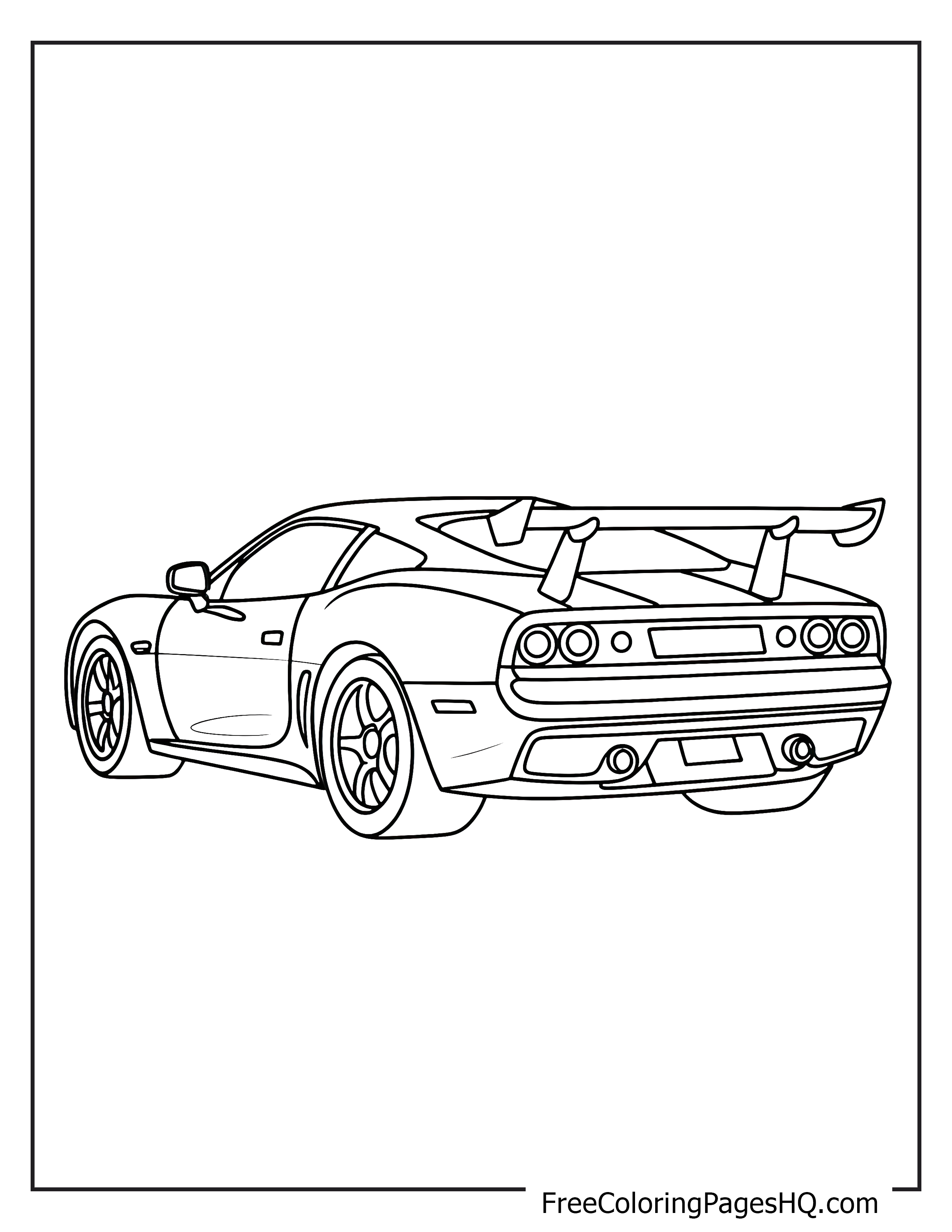 Line drawing of a sporty car with a big rear spoiler.