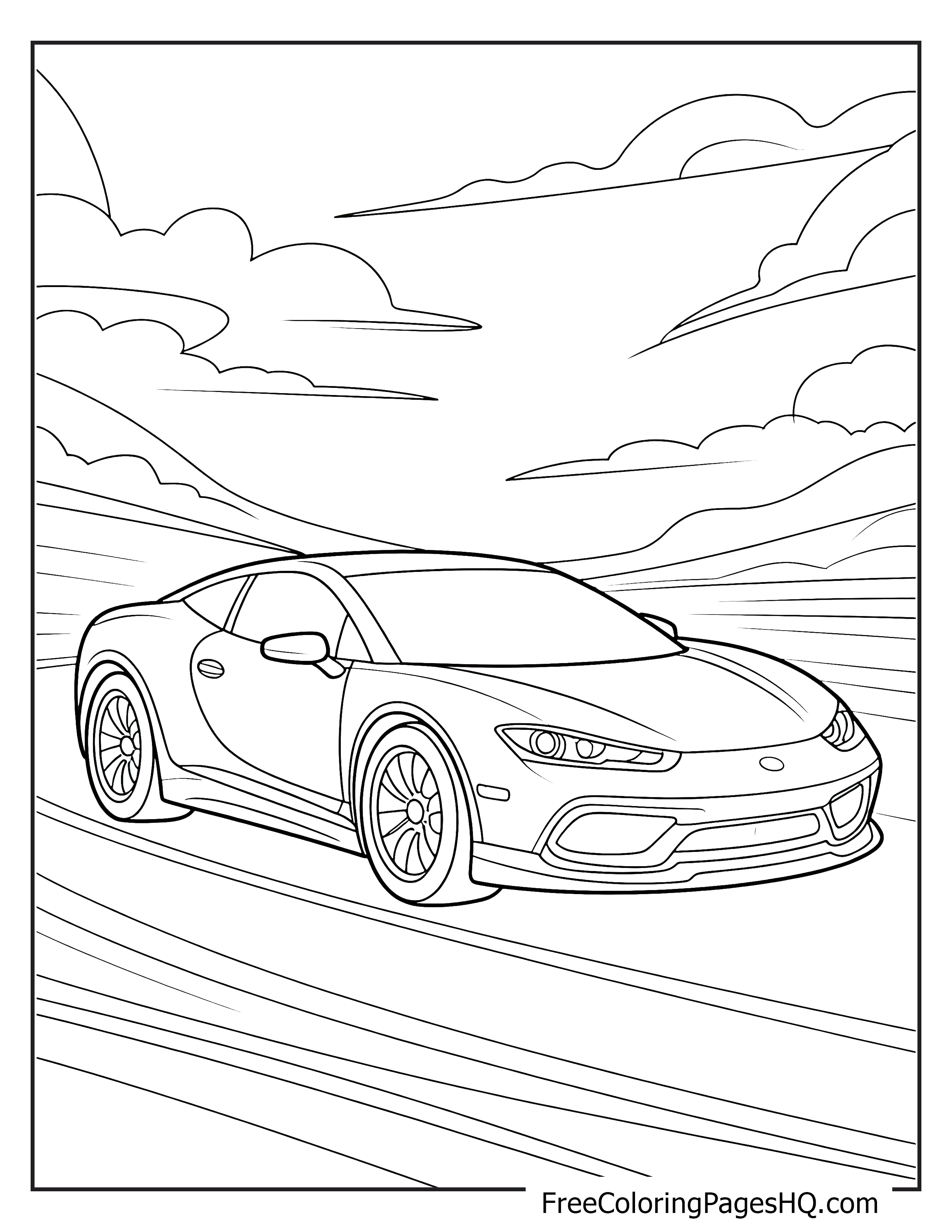Illustration of a sports car on a road with clouds above.