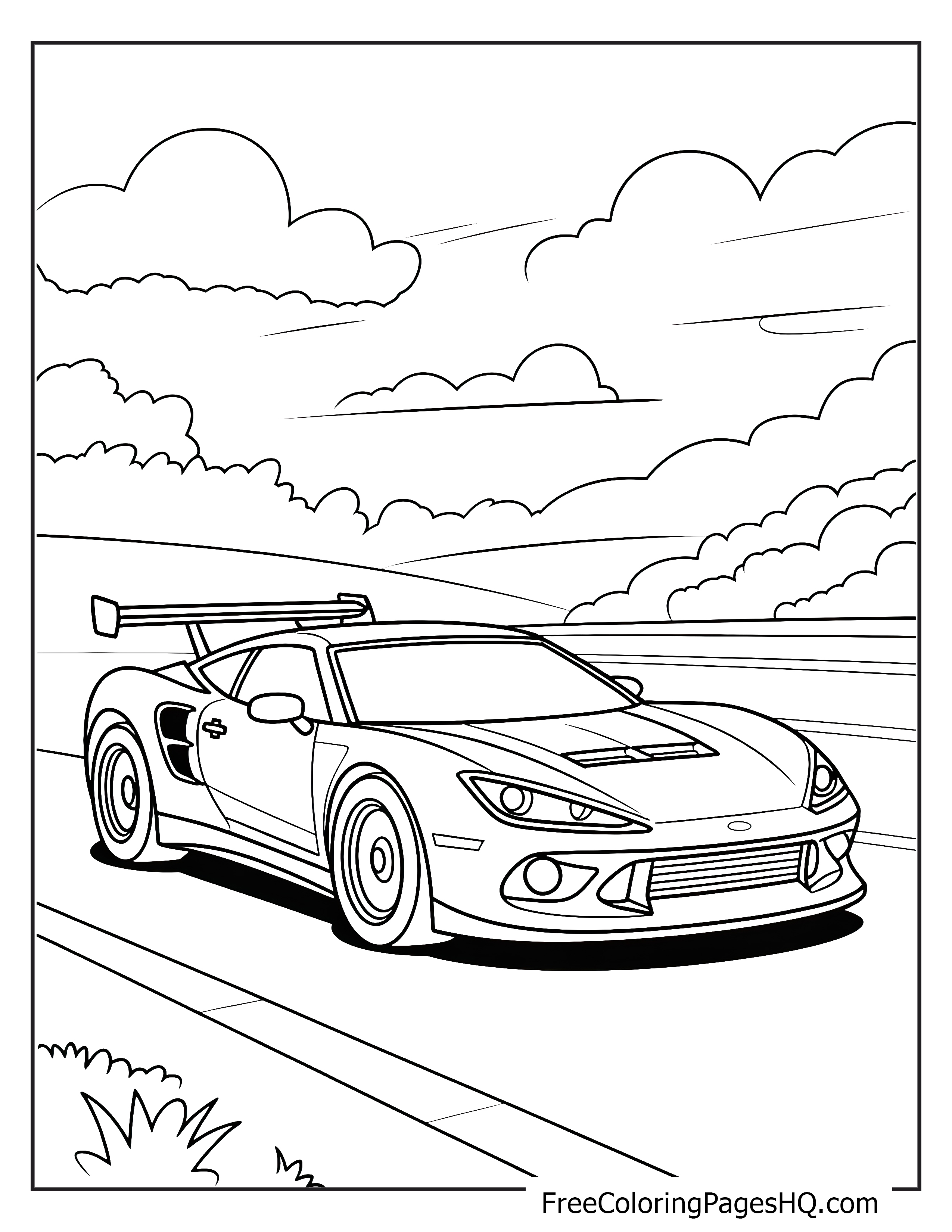 Illustration of a race car on a road with clouds.