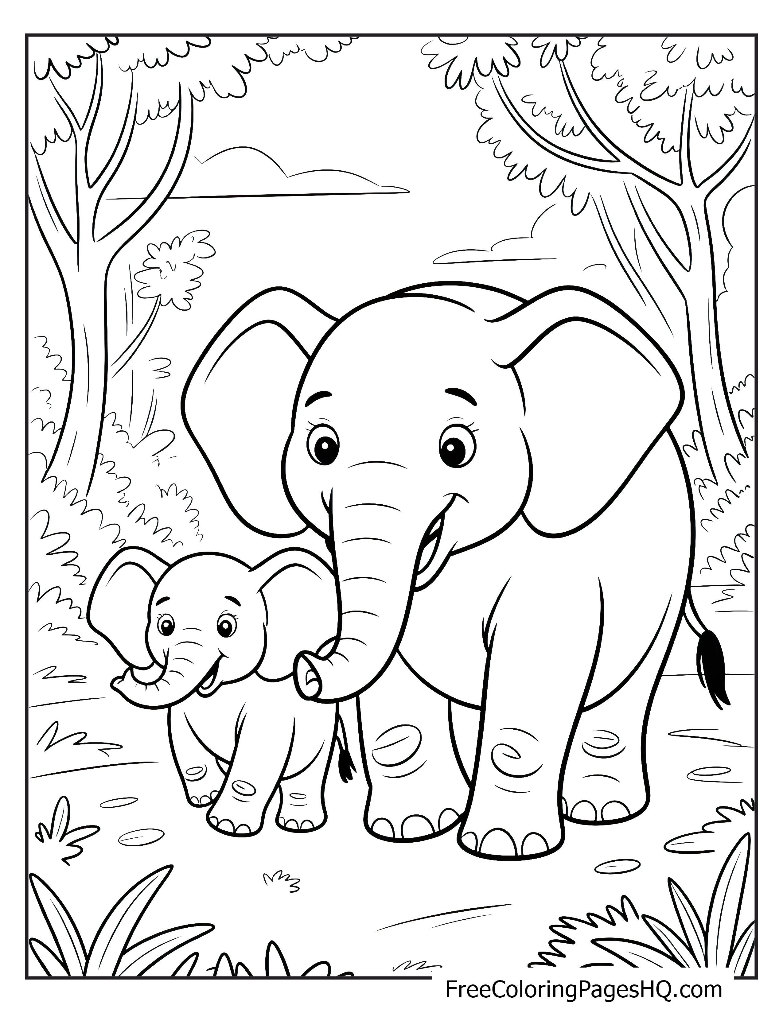 A large elephant and a smaller calf walk through a jungle path, surrounded by trees and grass.