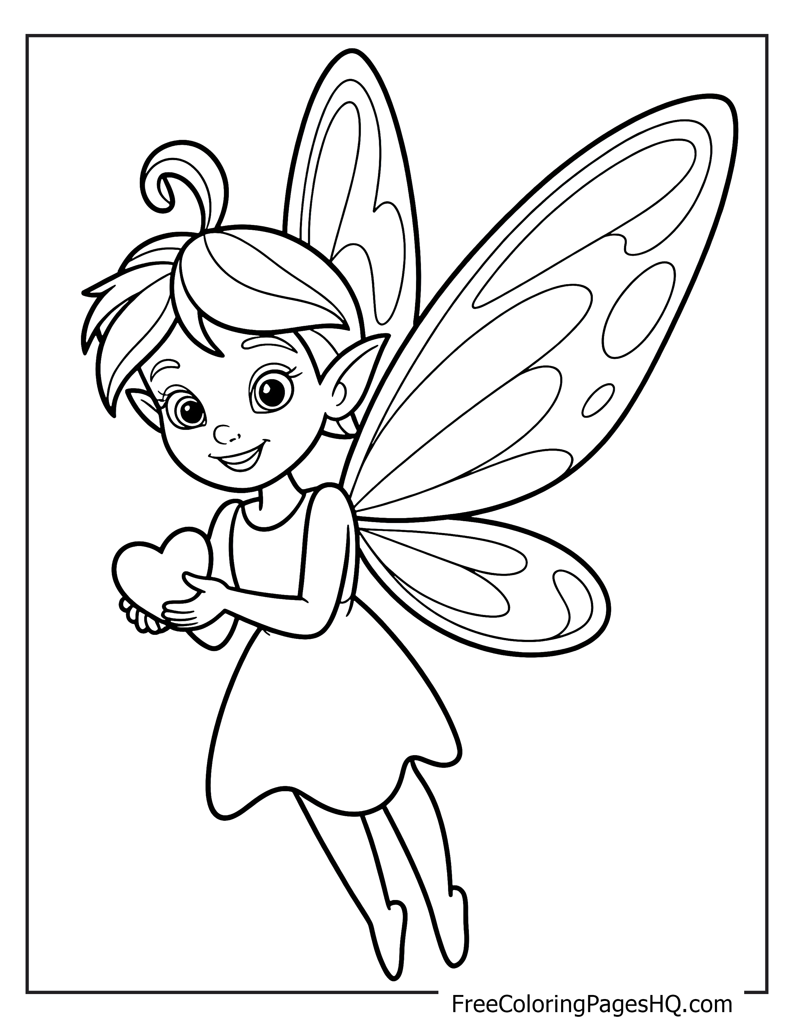 A smiling fairy with wings holding a heart in her hands.