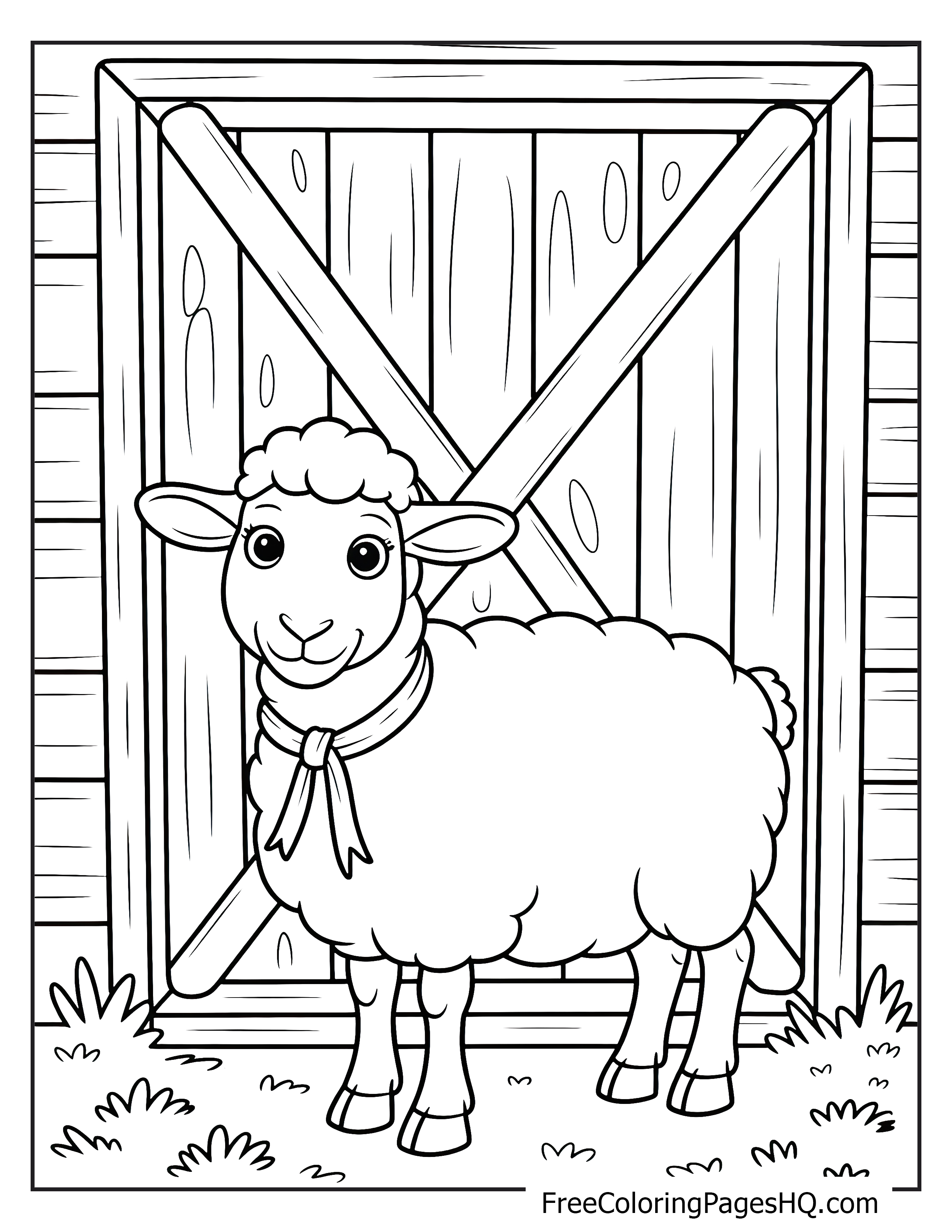 Fluffy sheep standing in front of a barn door, wearing a bow.