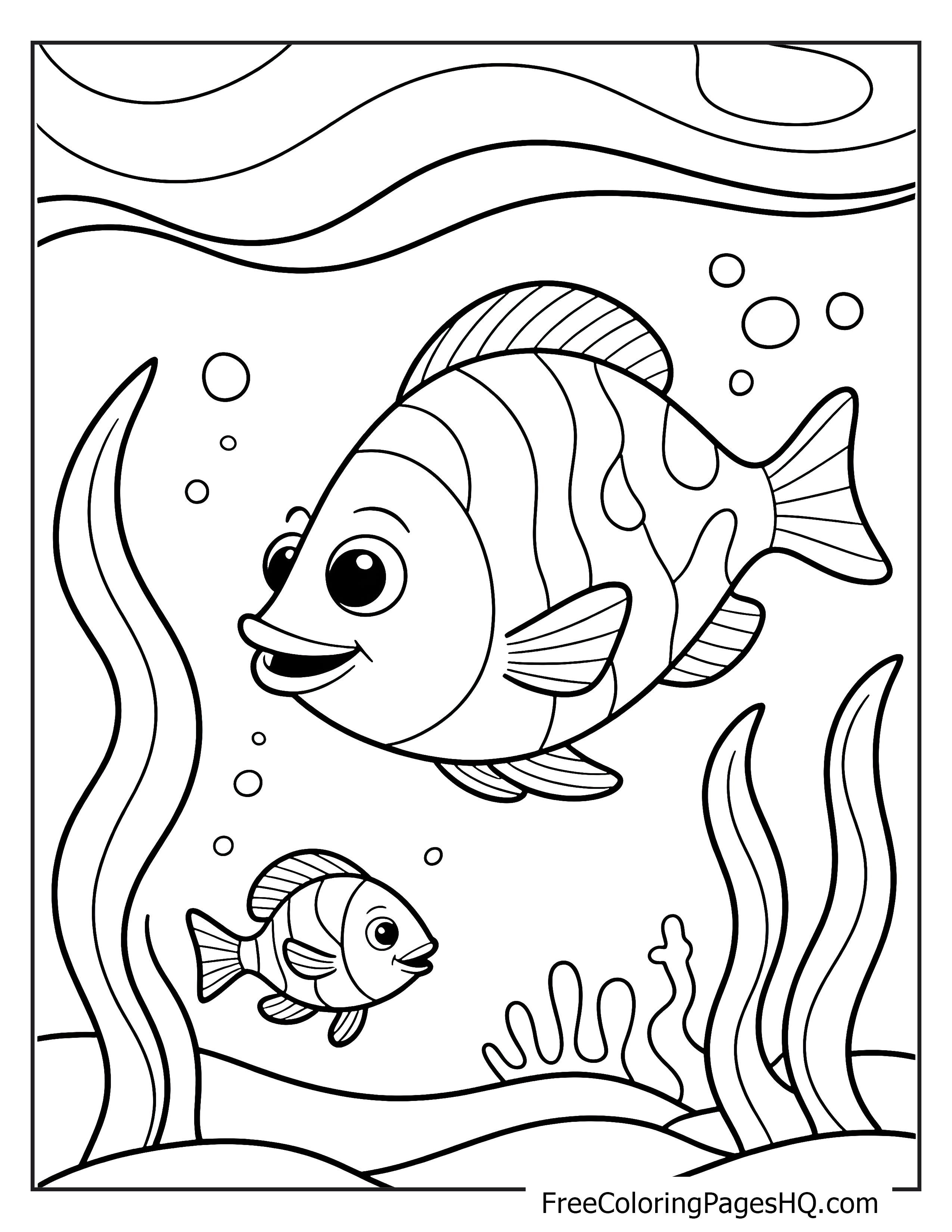 Two cheerful fish explore their bubbly underwater world.
