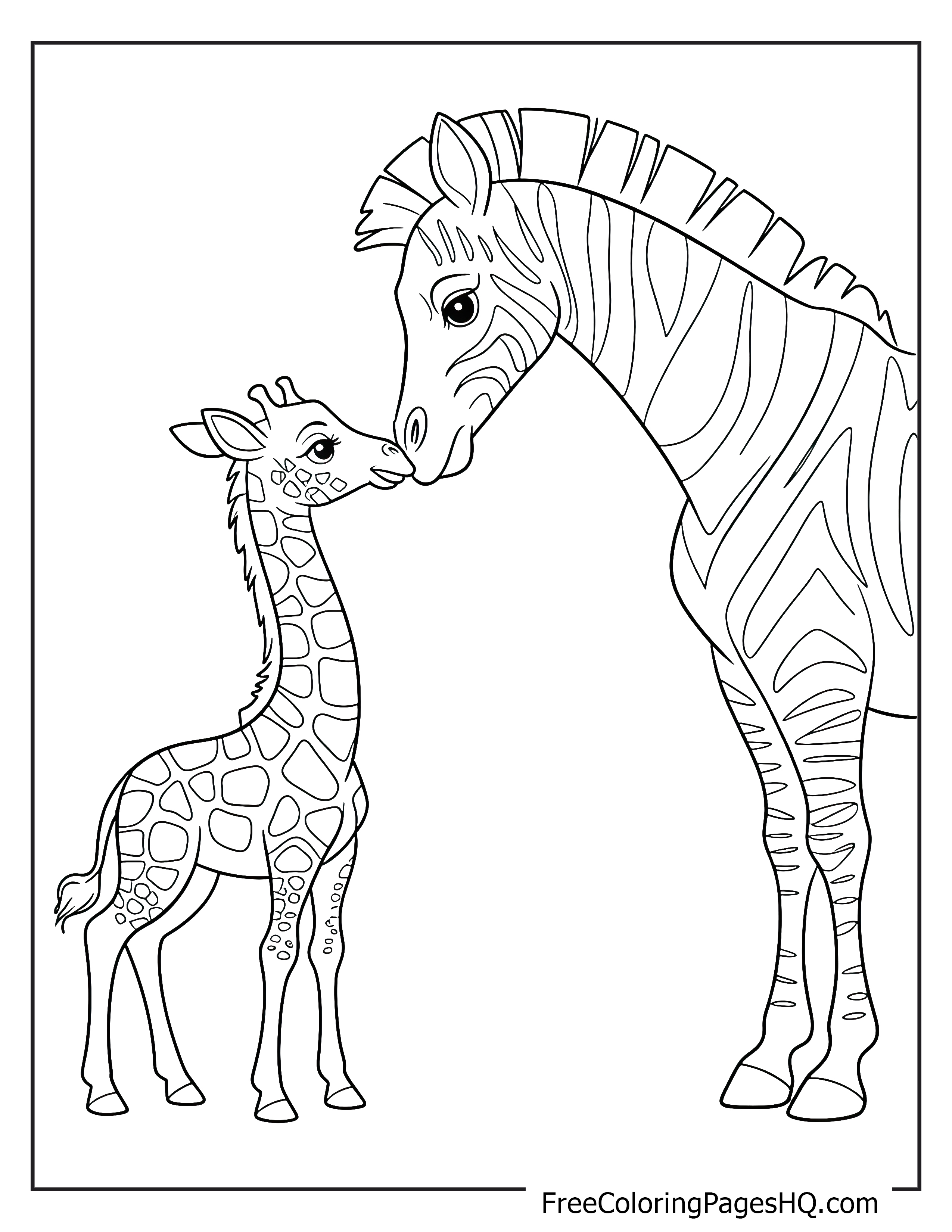 A zebra affectionately nuzzles a young giraffe.
