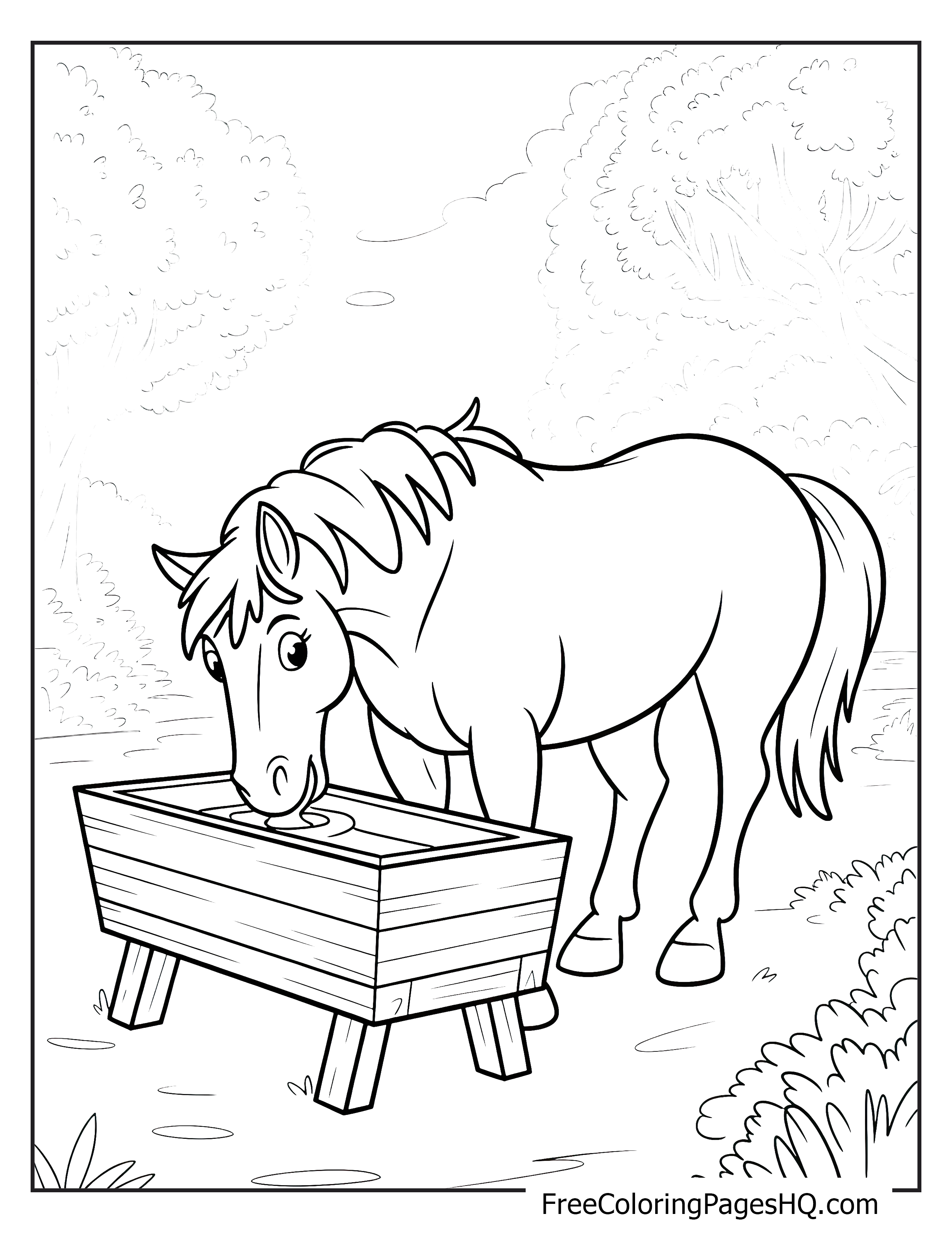 Pony drinking from a trough in a wooded area.