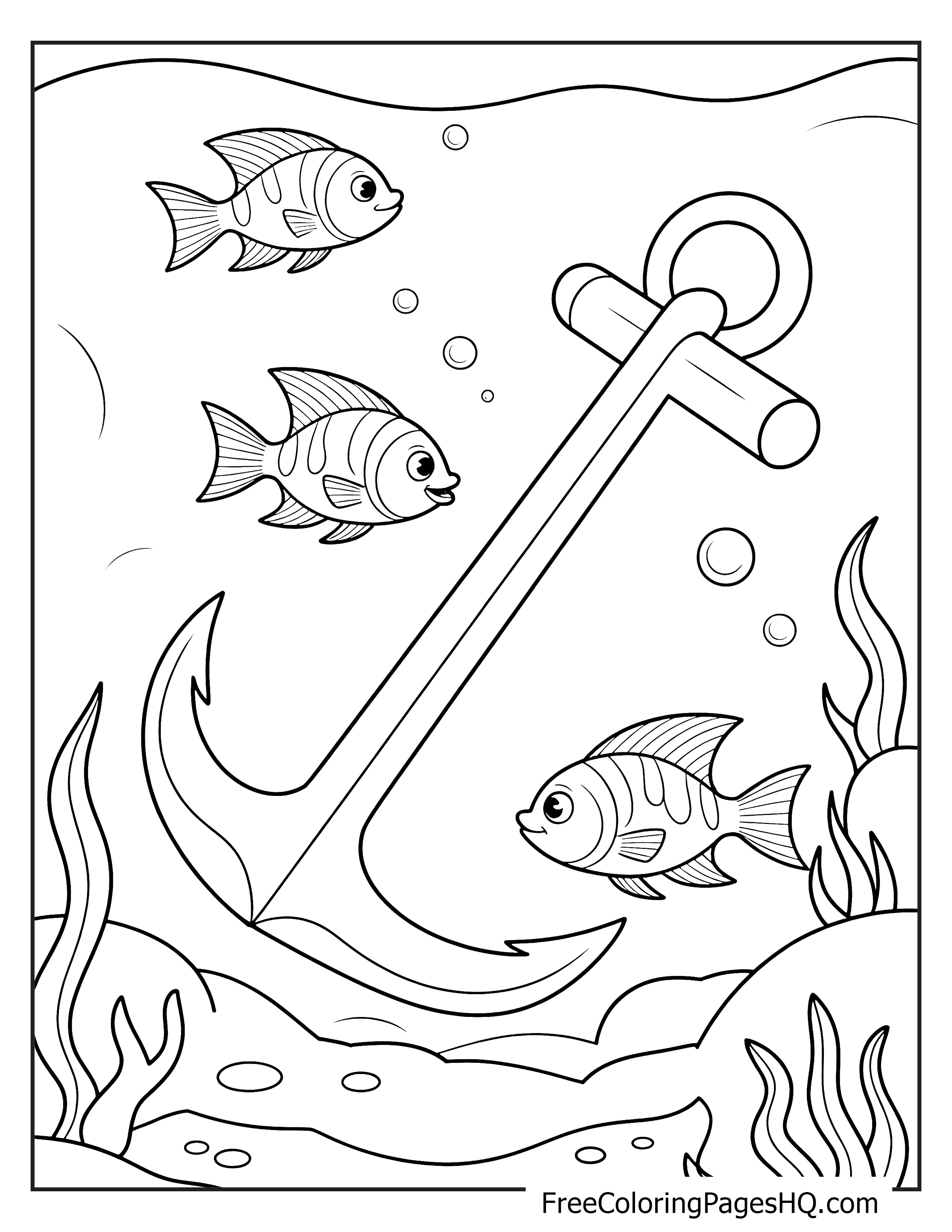 Three fish swimming around a sunken anchor with seaweed and bubbles.