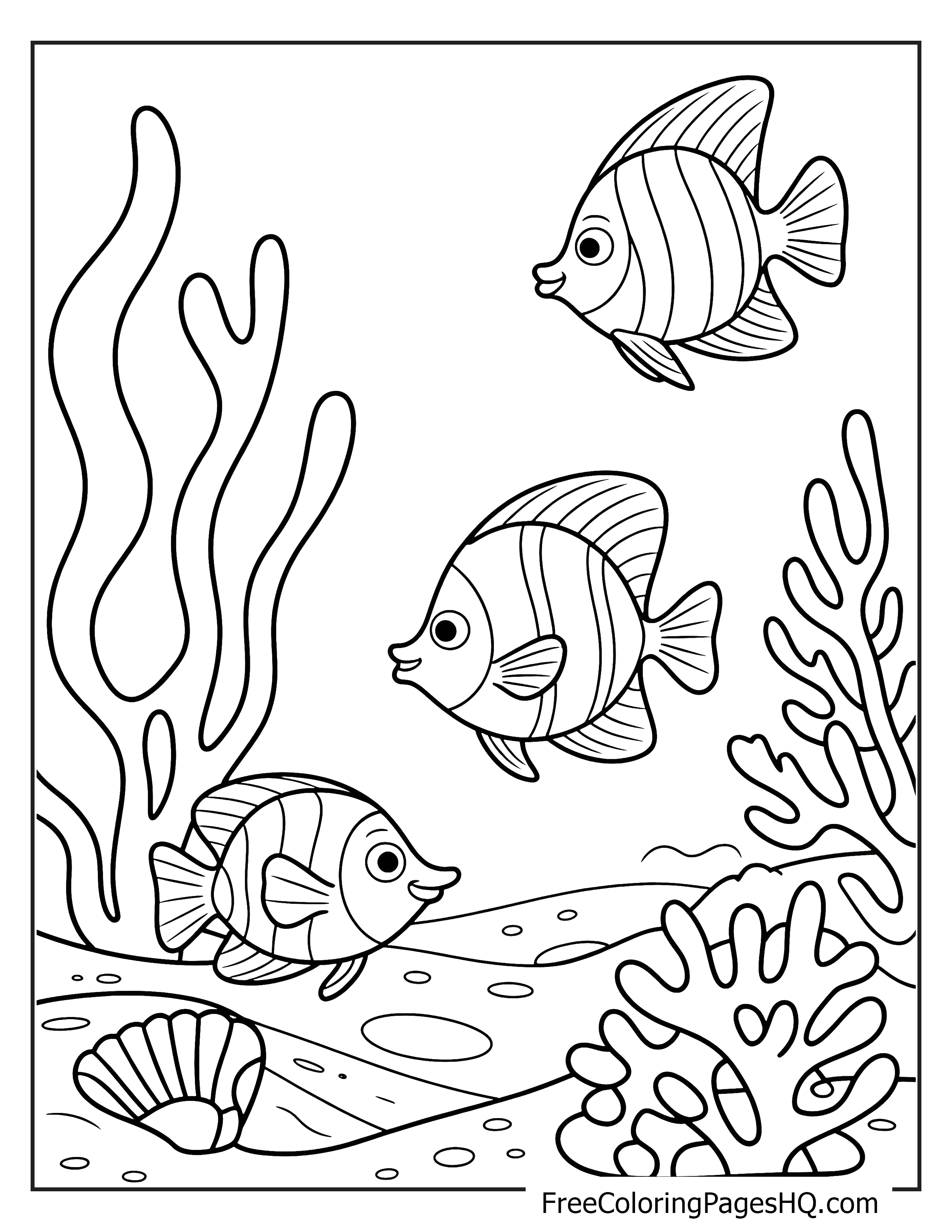 Illustration of three fish swimming near seaweed and coral.