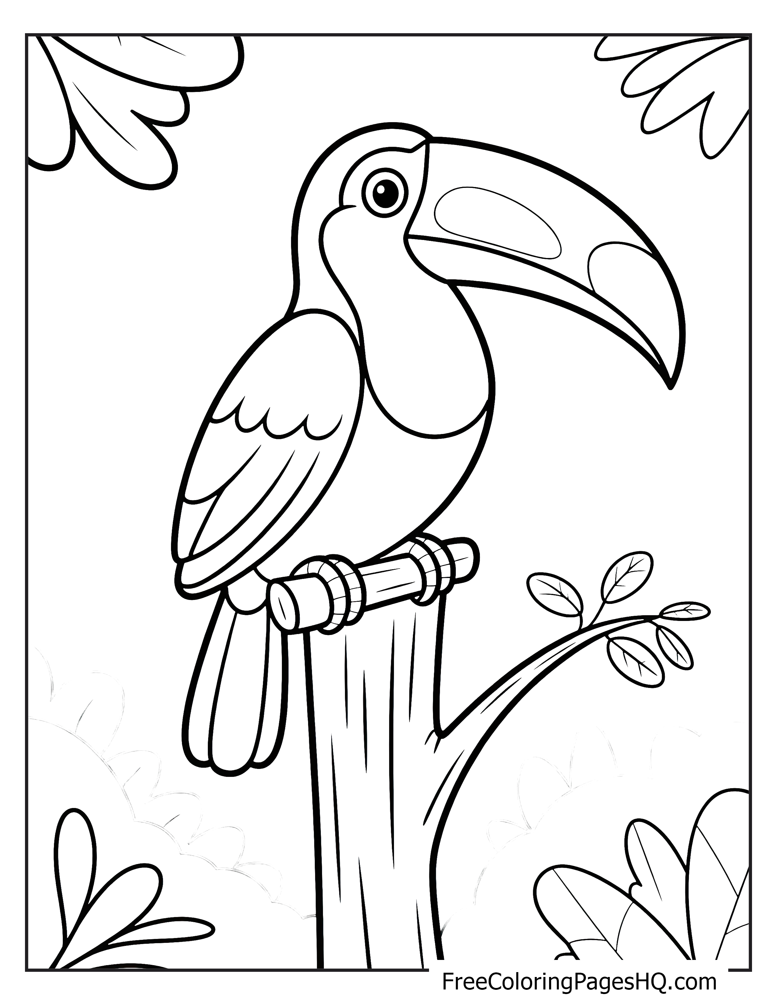 A toucan perched on a branch in a jungle setting with leaves and plants around.