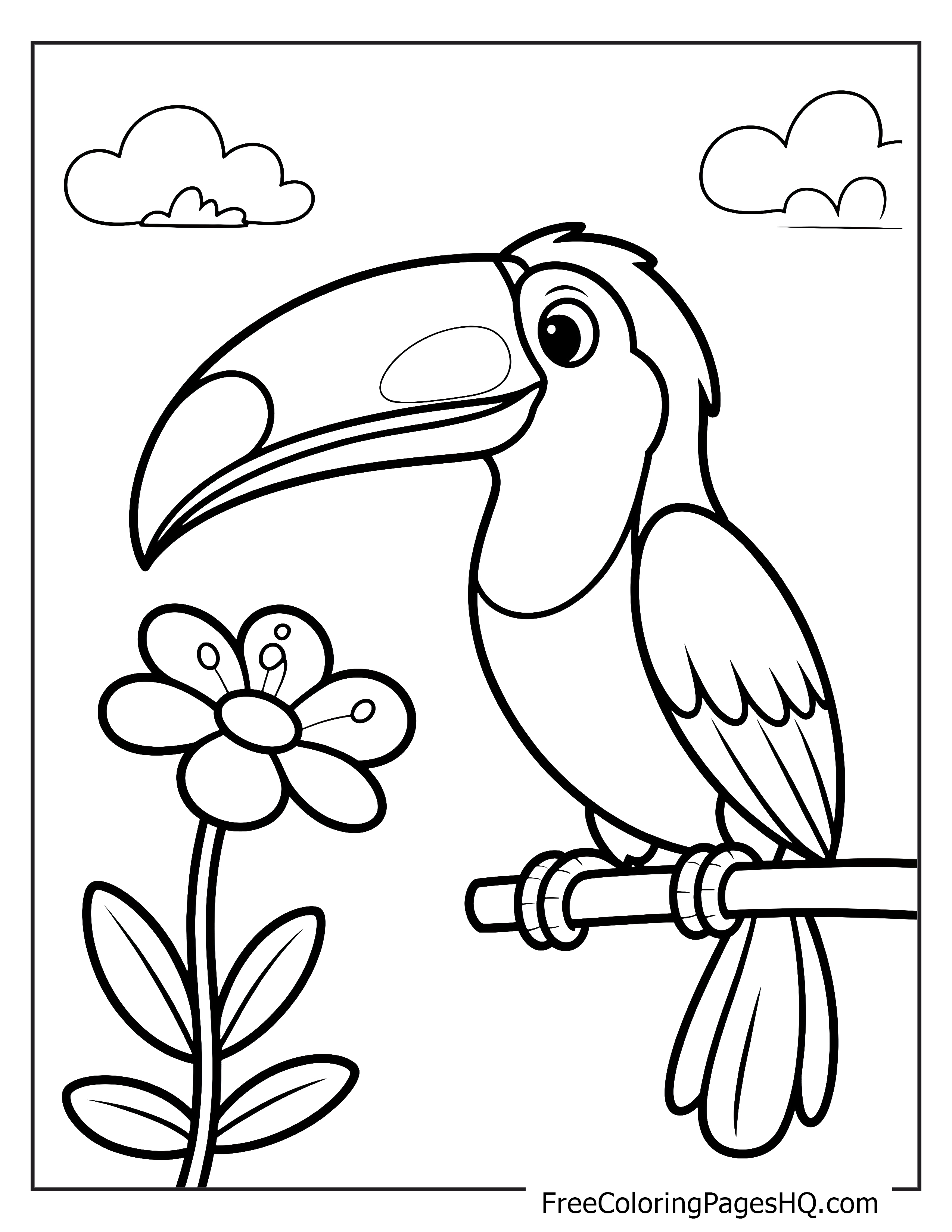 A toucan perched on a branch next to a flower, with clouds in the background.