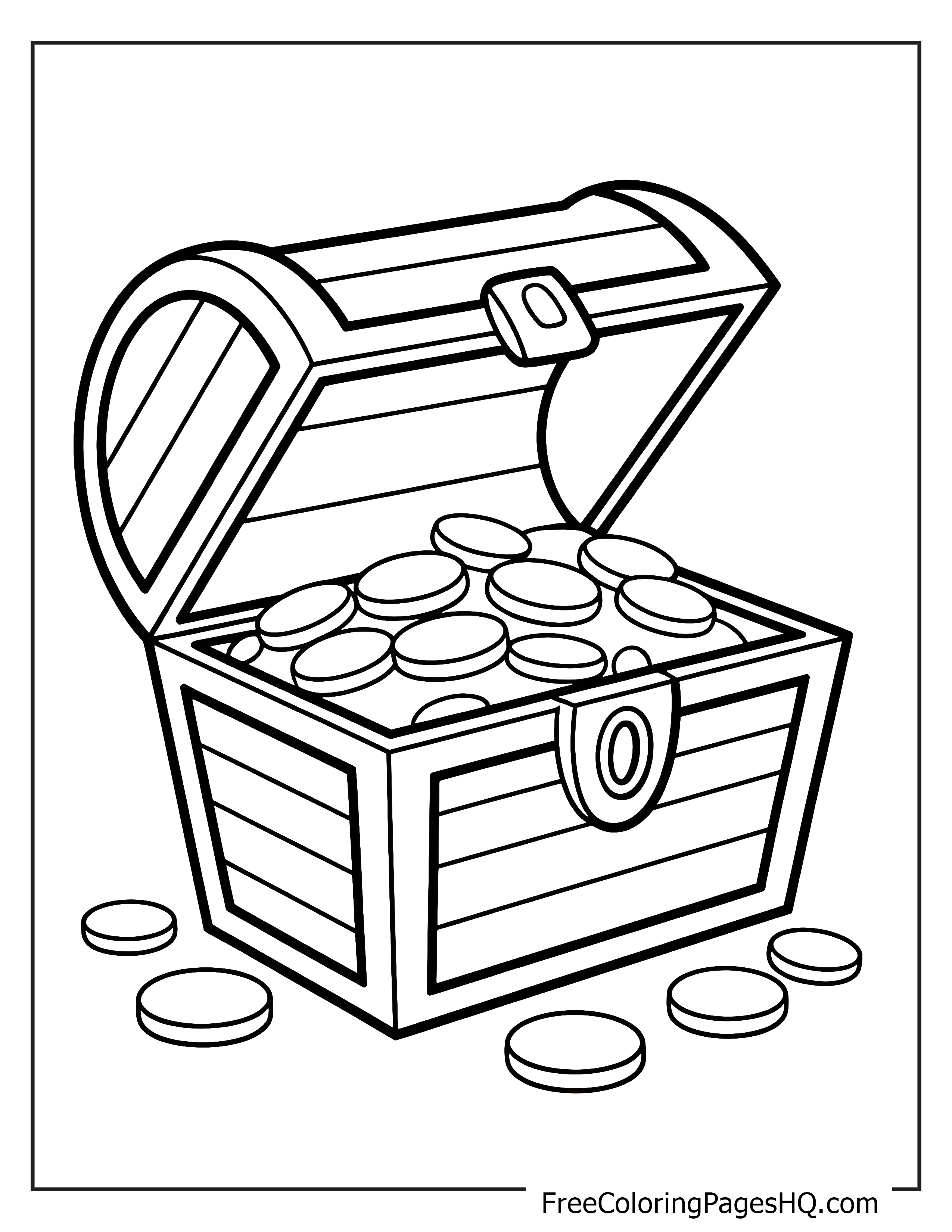 Open treasure chest filled with gold coins.