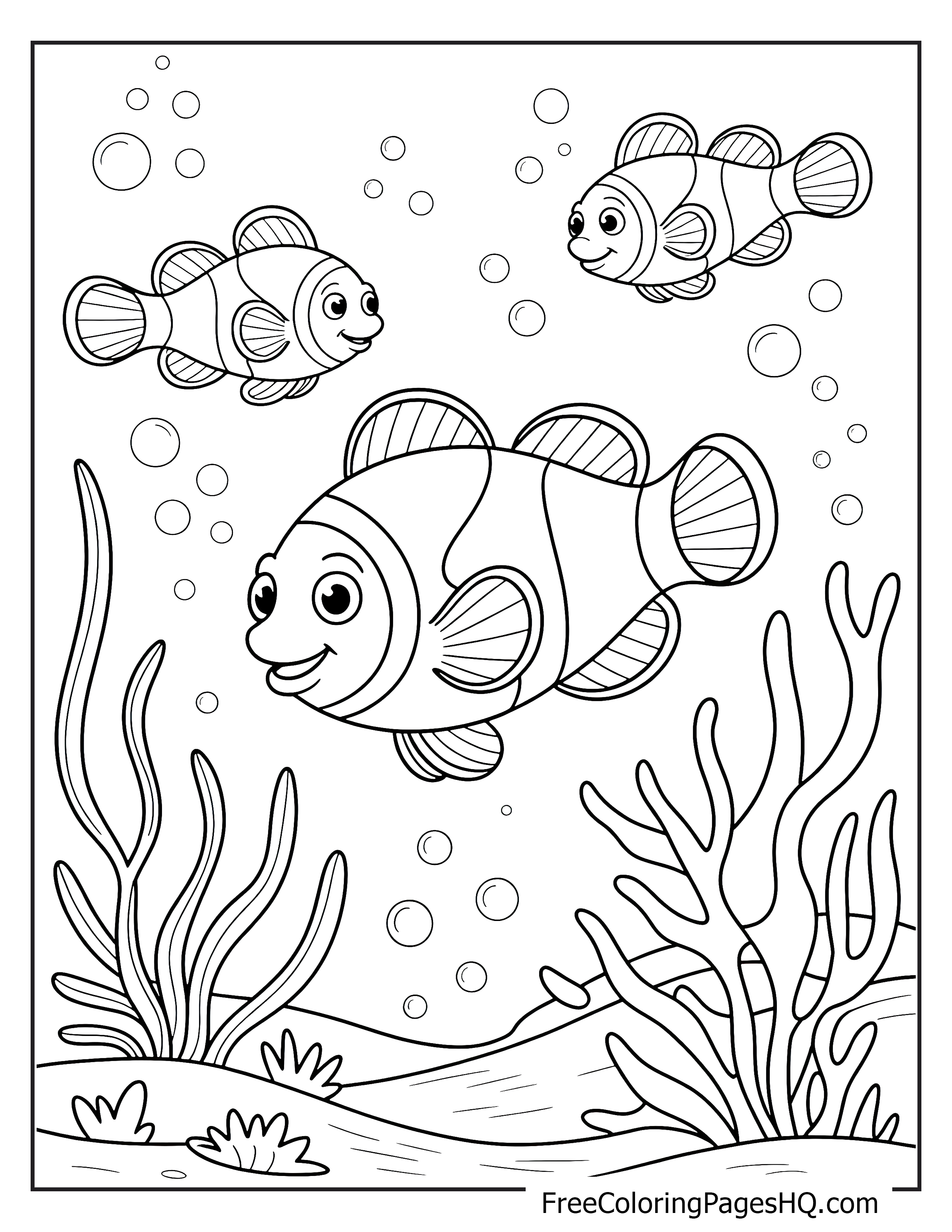 Happy fish swimming with seaweed and bubbles.