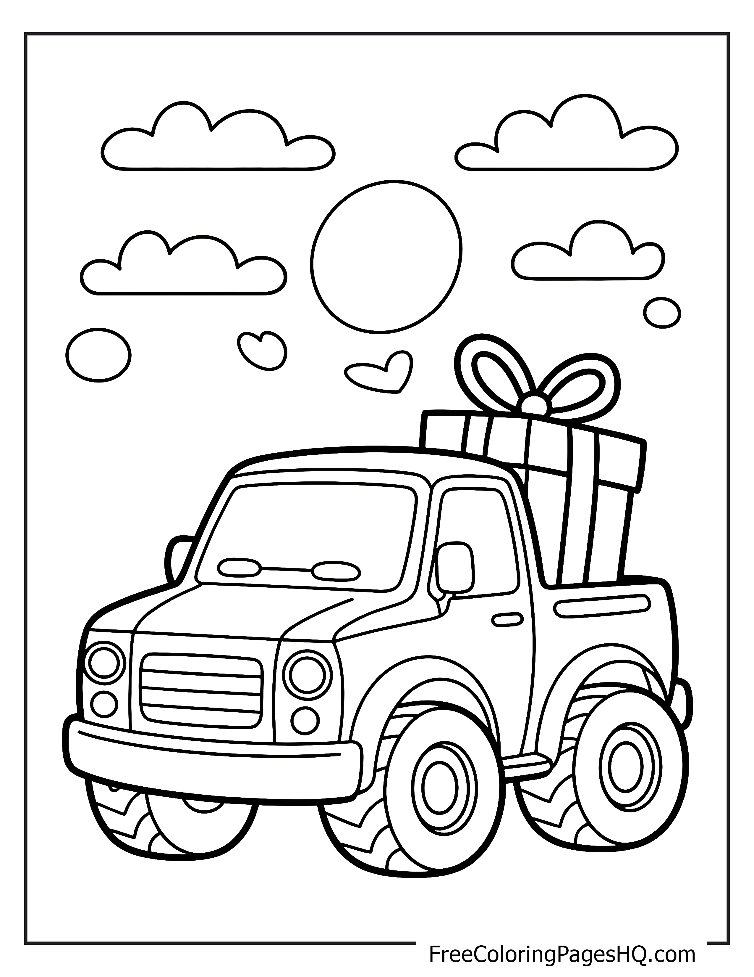 Truck carrying a present with clouds in the sky.