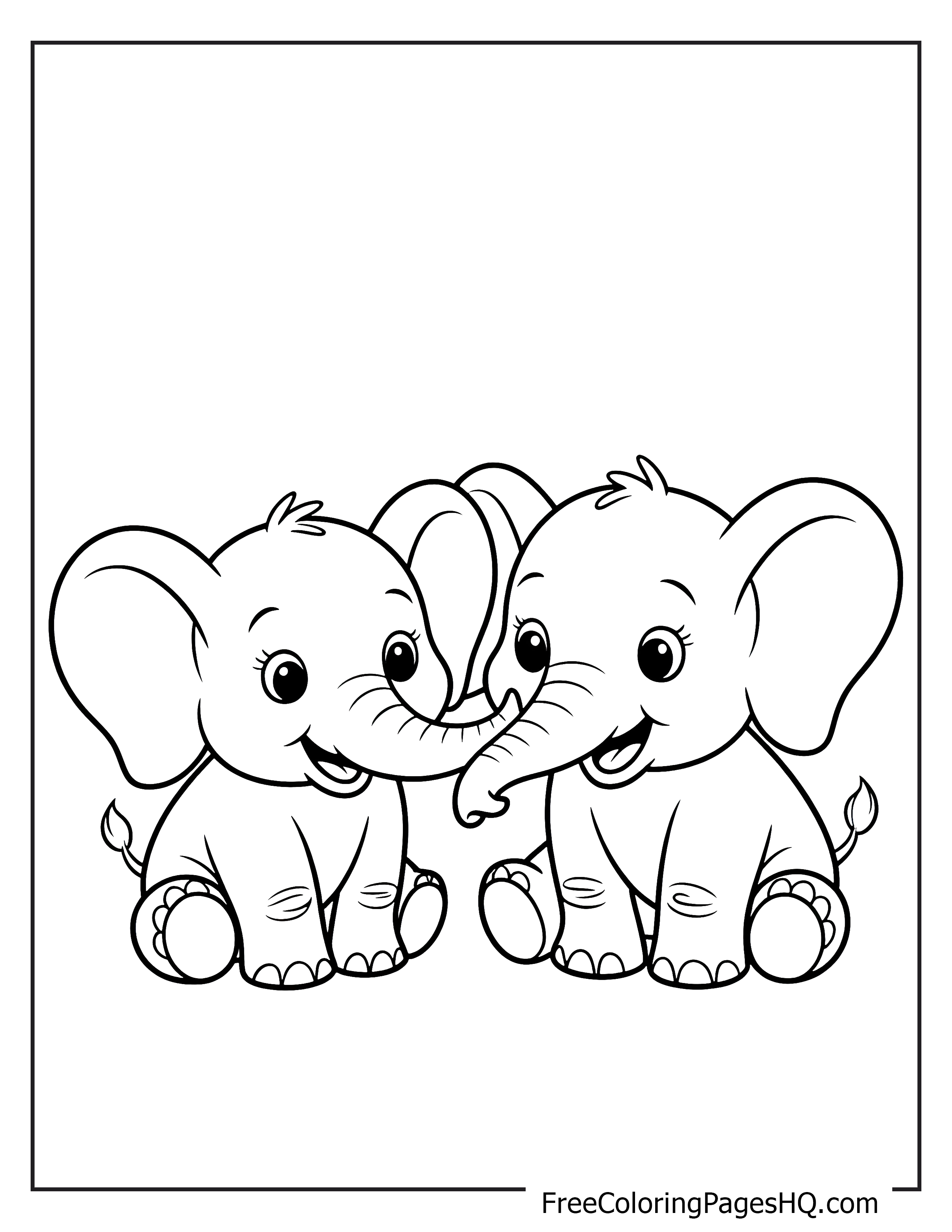 Illustration of two playful baby elephants with intertwined trunks.