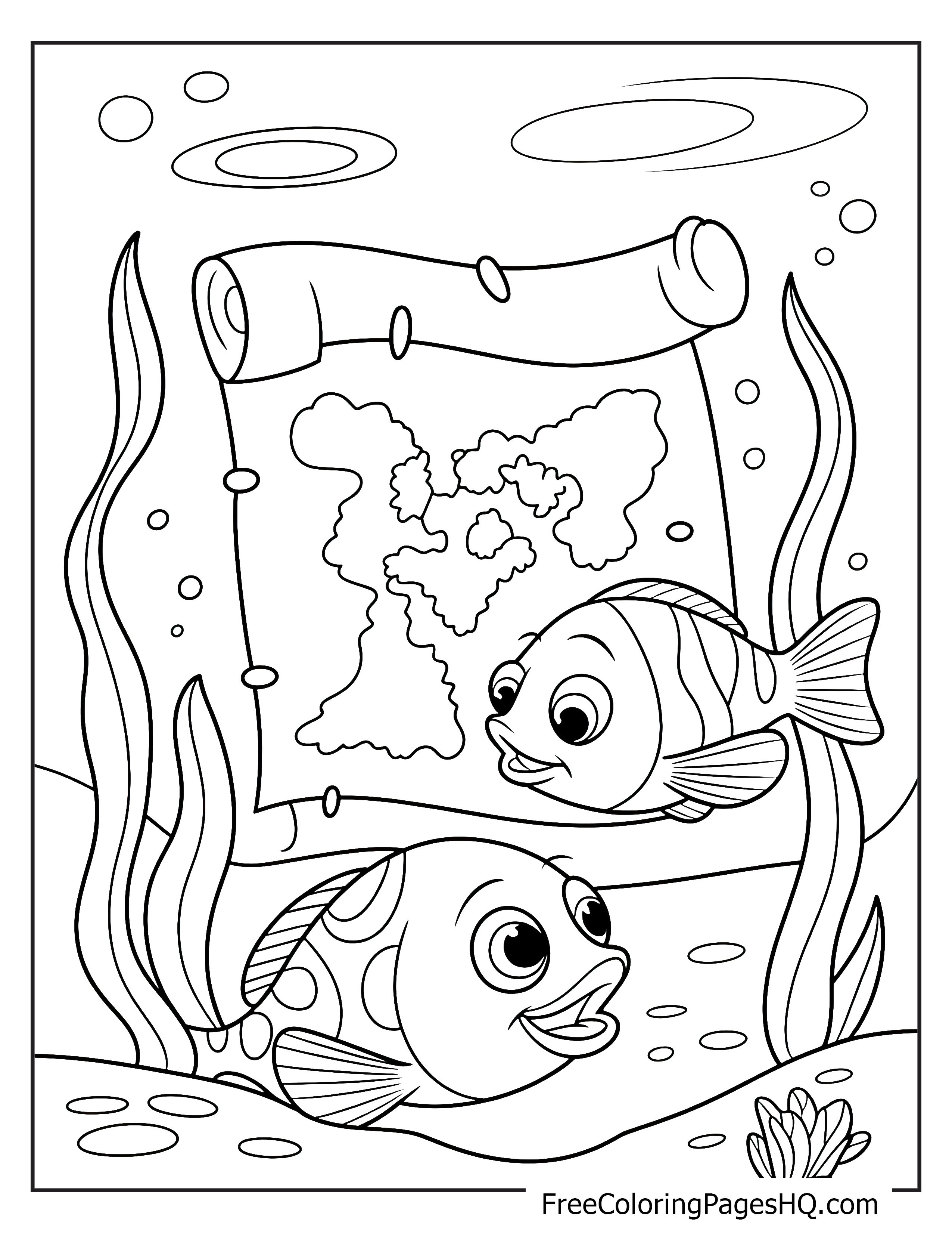 Two excited fish look at a treasure map underwater with seaweed around them.