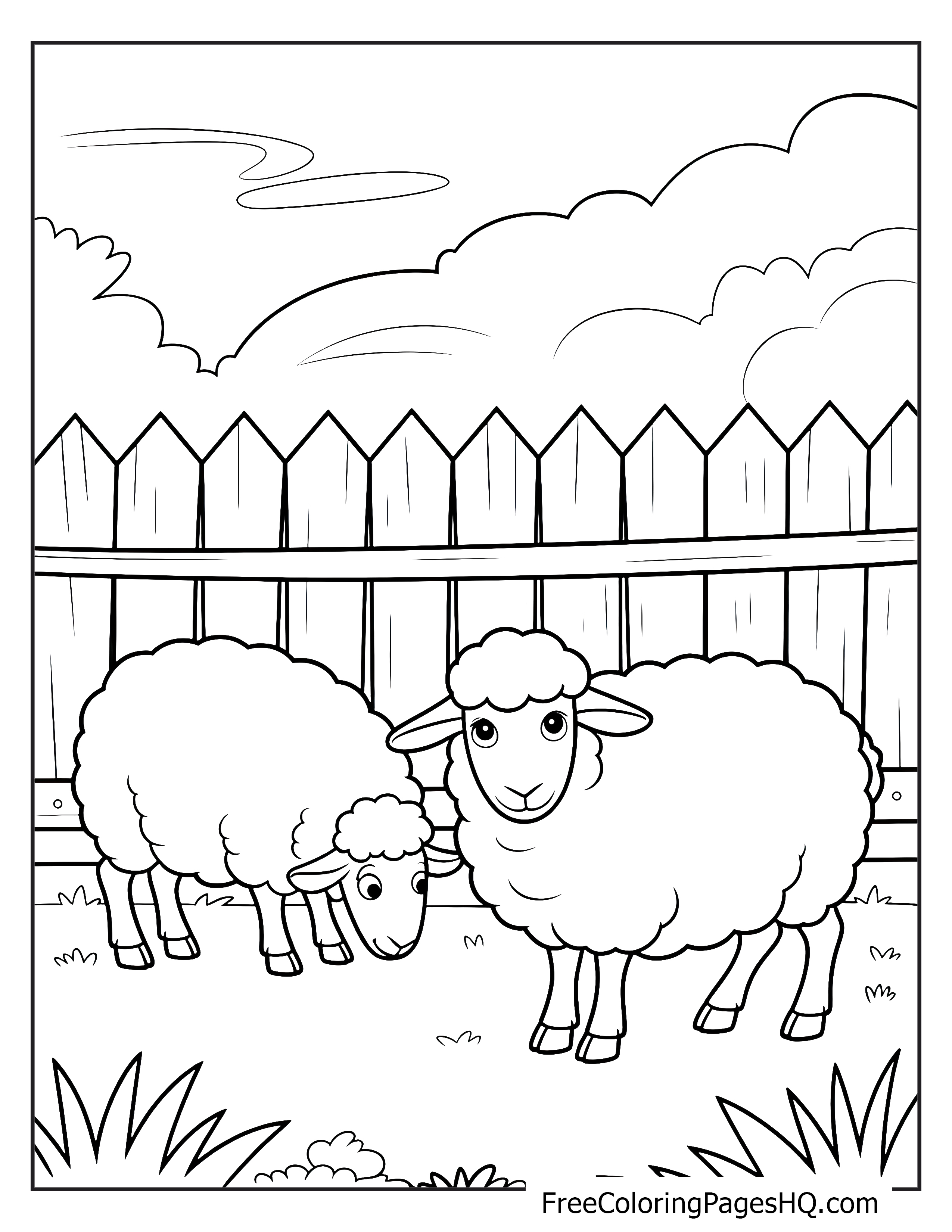 Two fluffy sheep standing near a wooden fence under a cloudy sky.