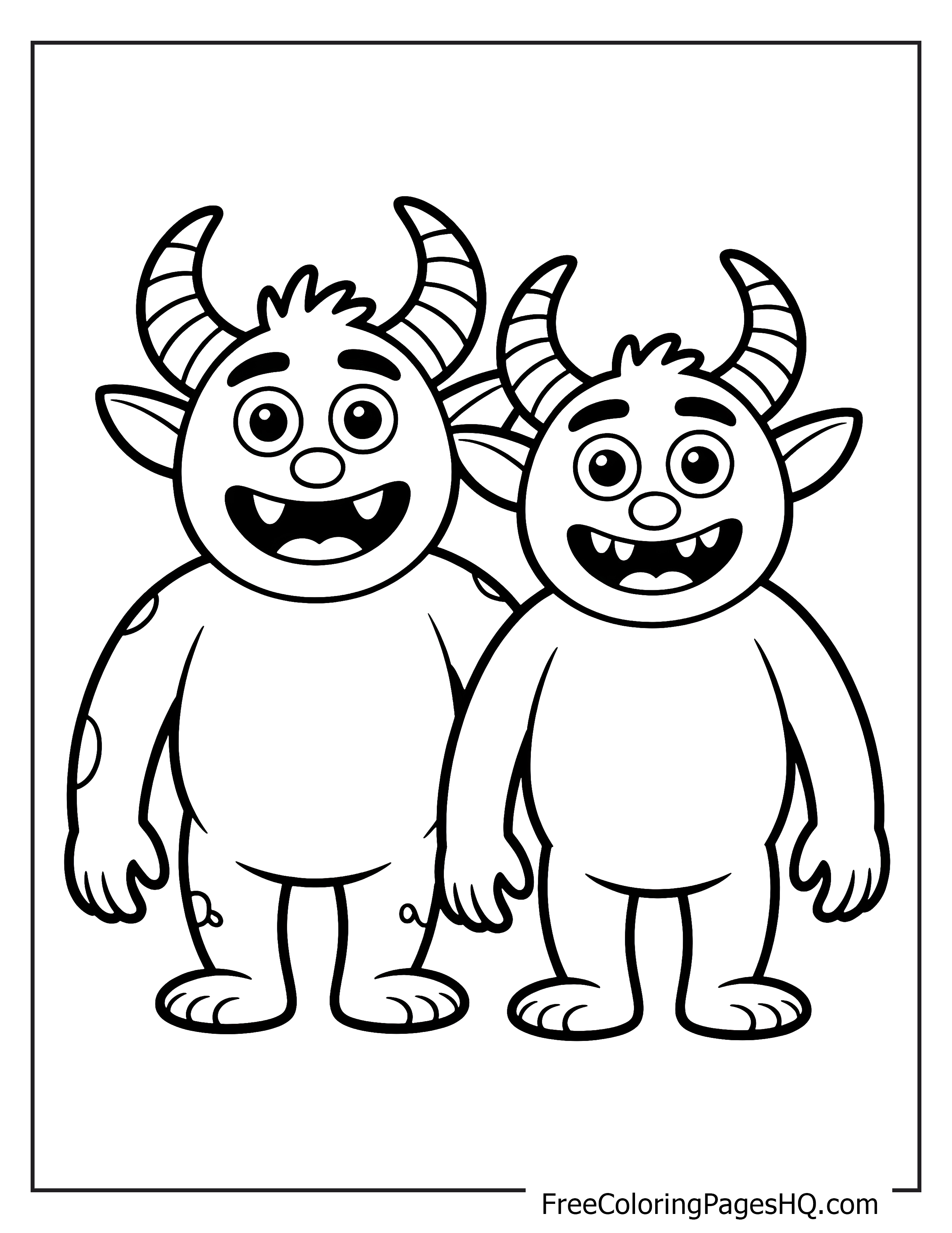 Two happy monsters with small horns stand together, smiling warmly.