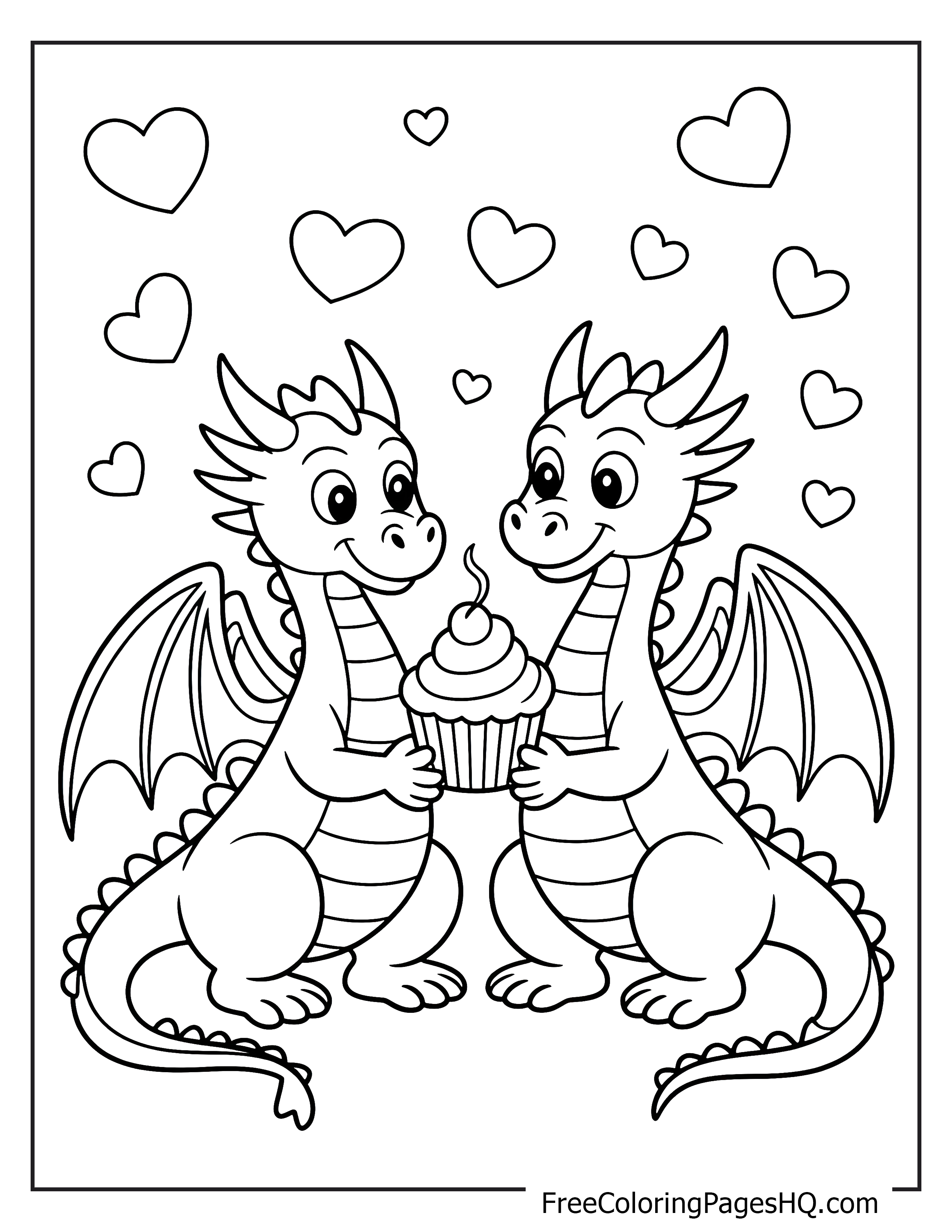 Two dragons share a cupcake with hearts all around them.
