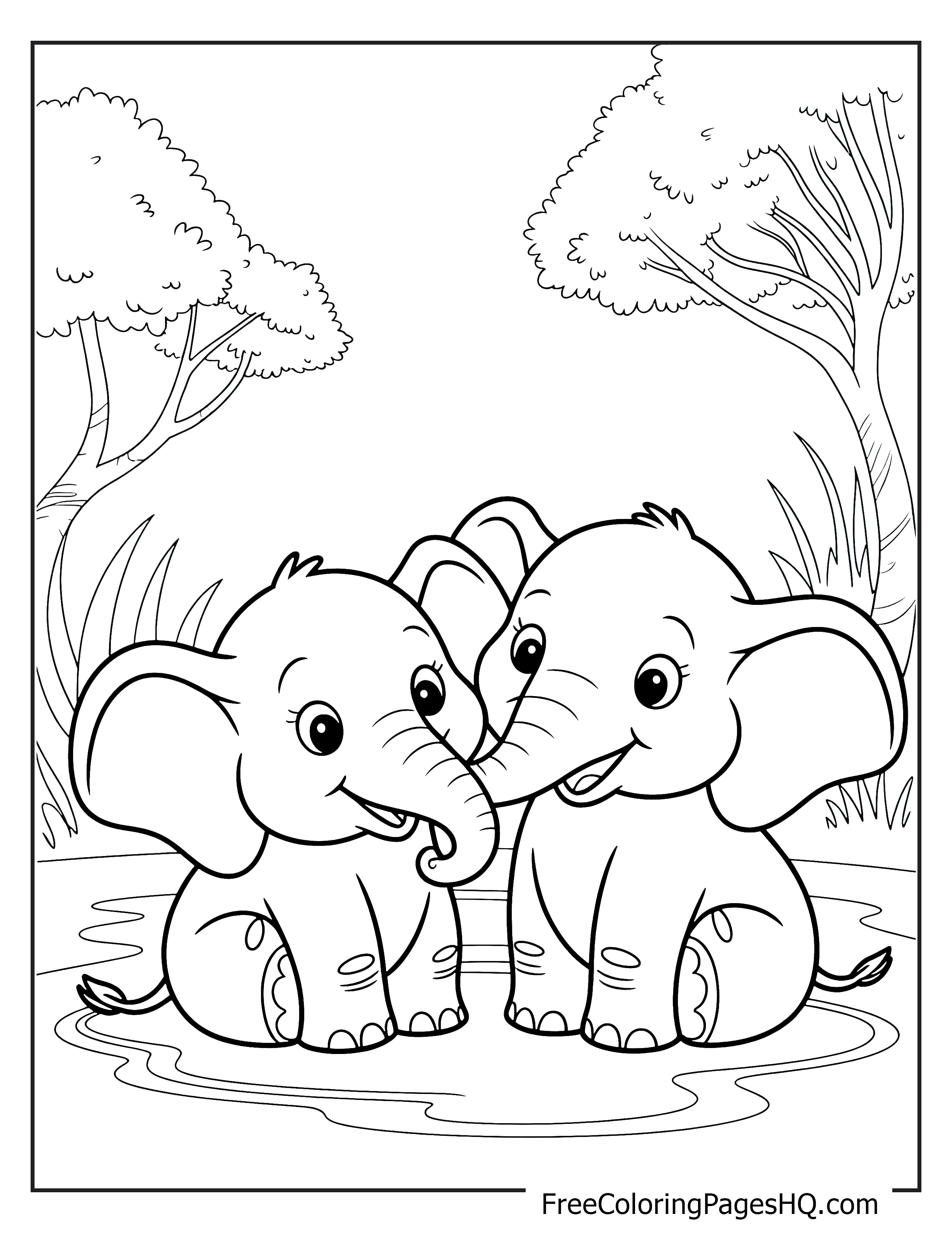Two elephants playing in a pond with trees around.