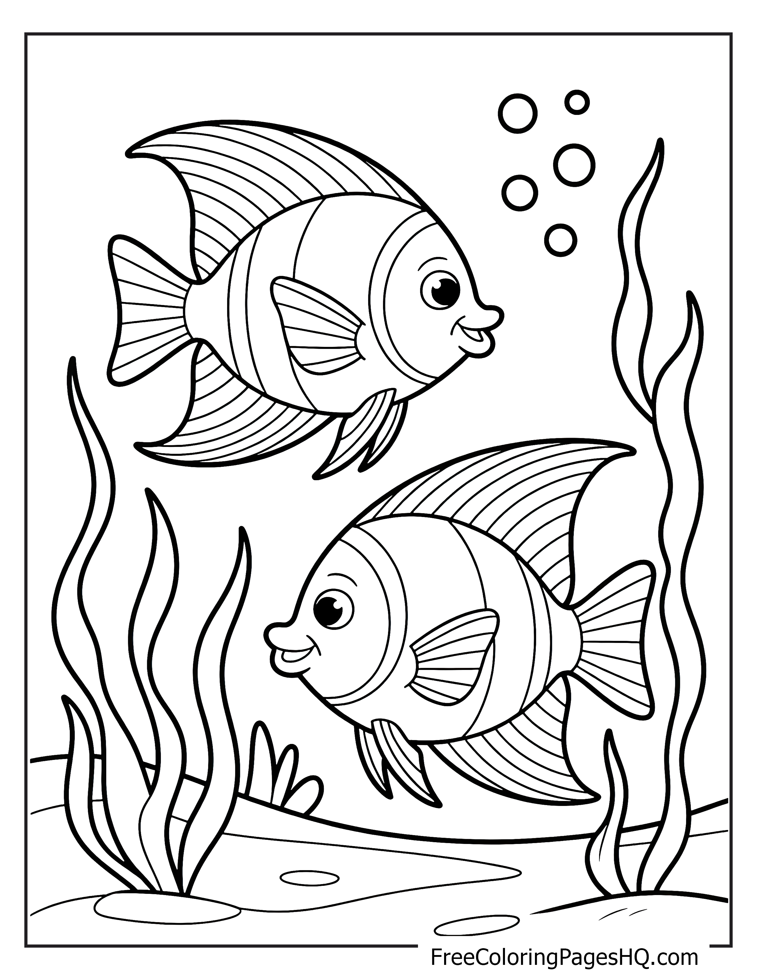 Two fish swimming with seaweed and bubbles.