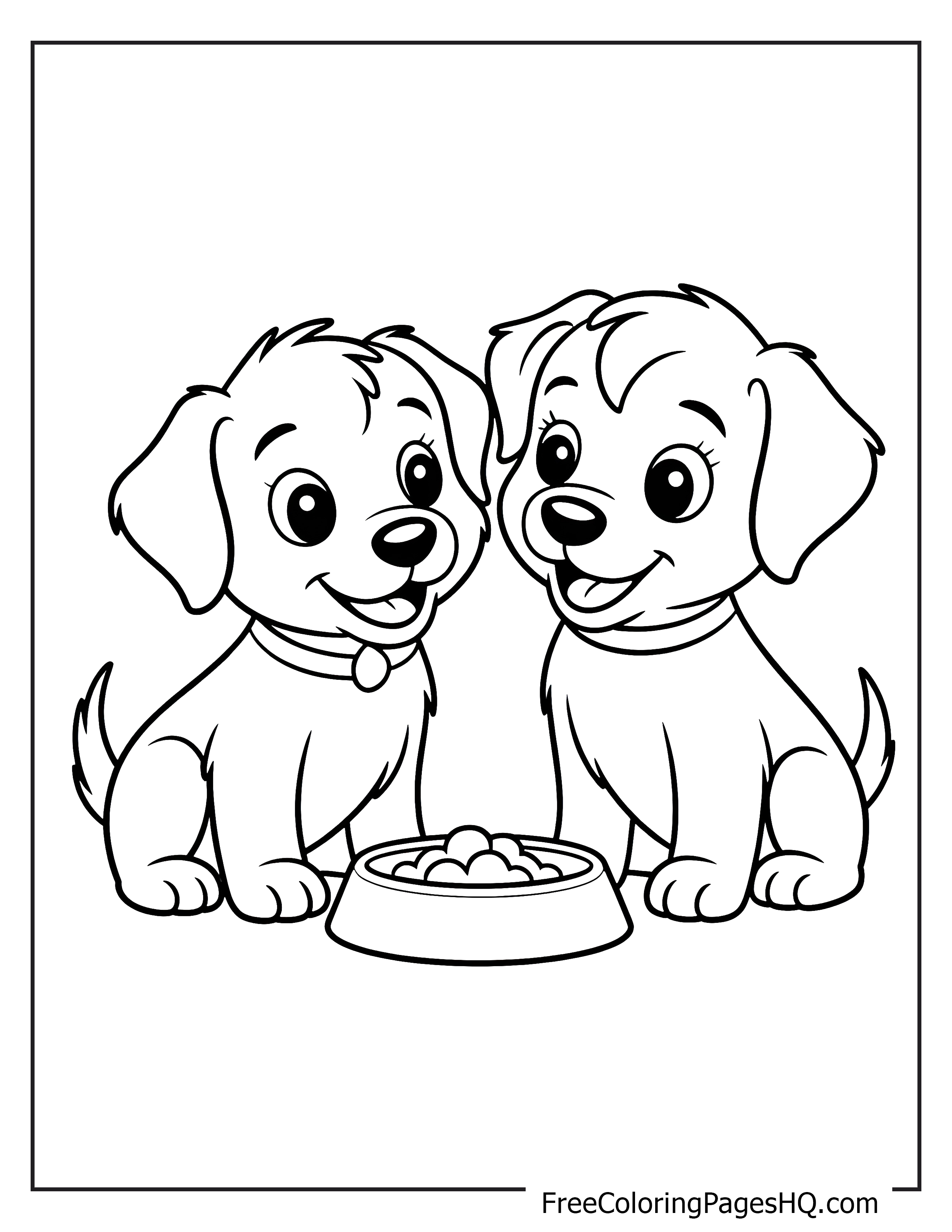 Illustration of two puppies and their meal for kids.