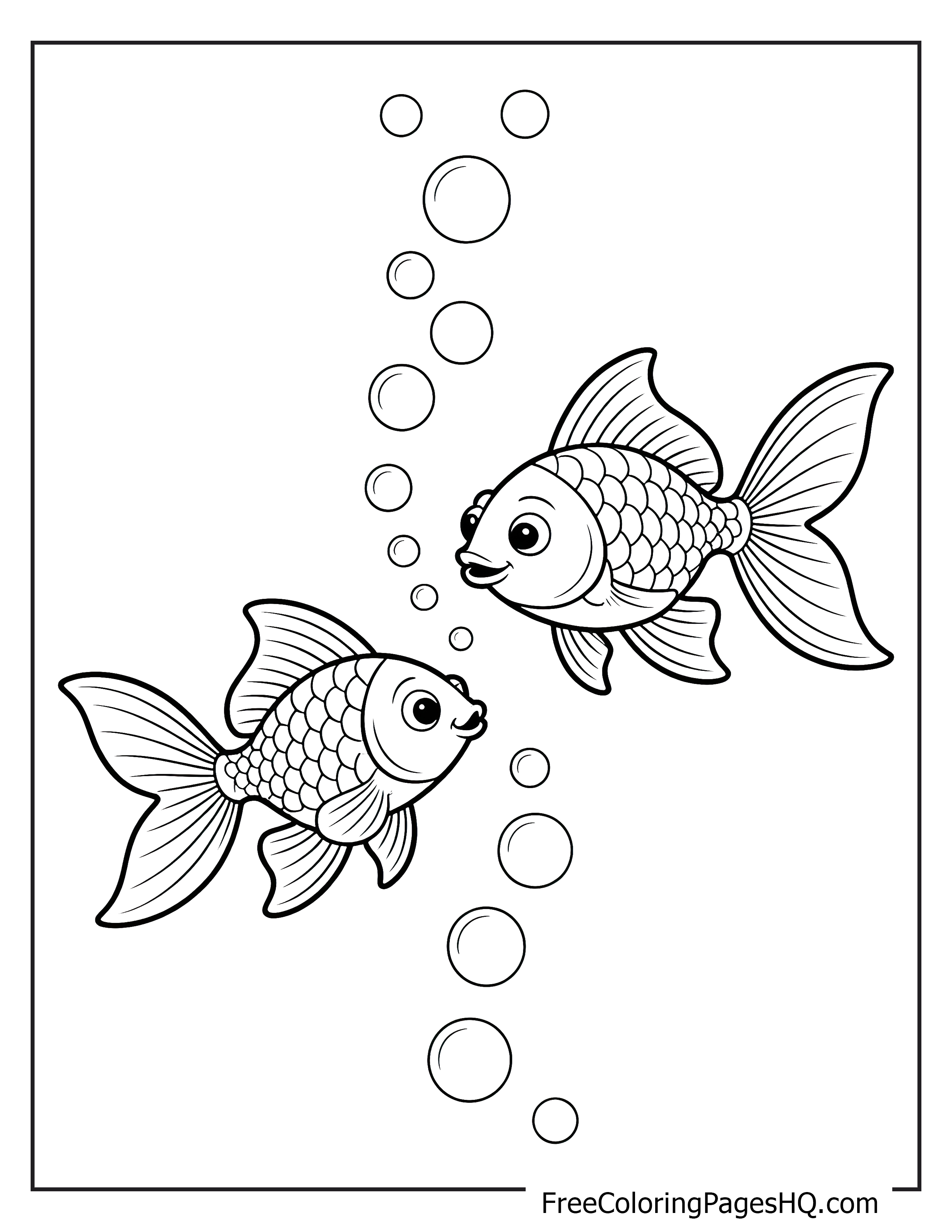 Happy goldfish swimming with bubbles illustration.