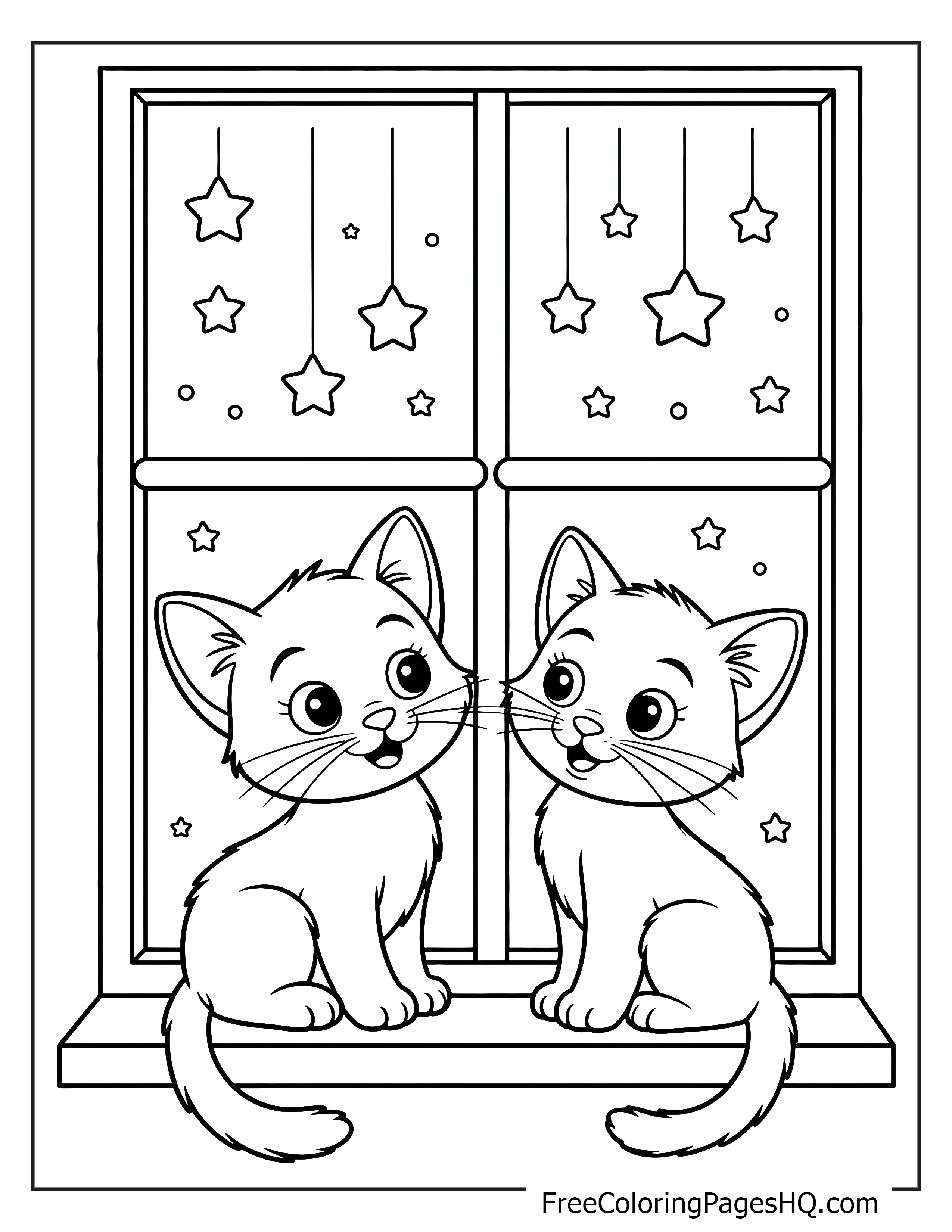 Illustration of two kittens sitting by a window with stars.