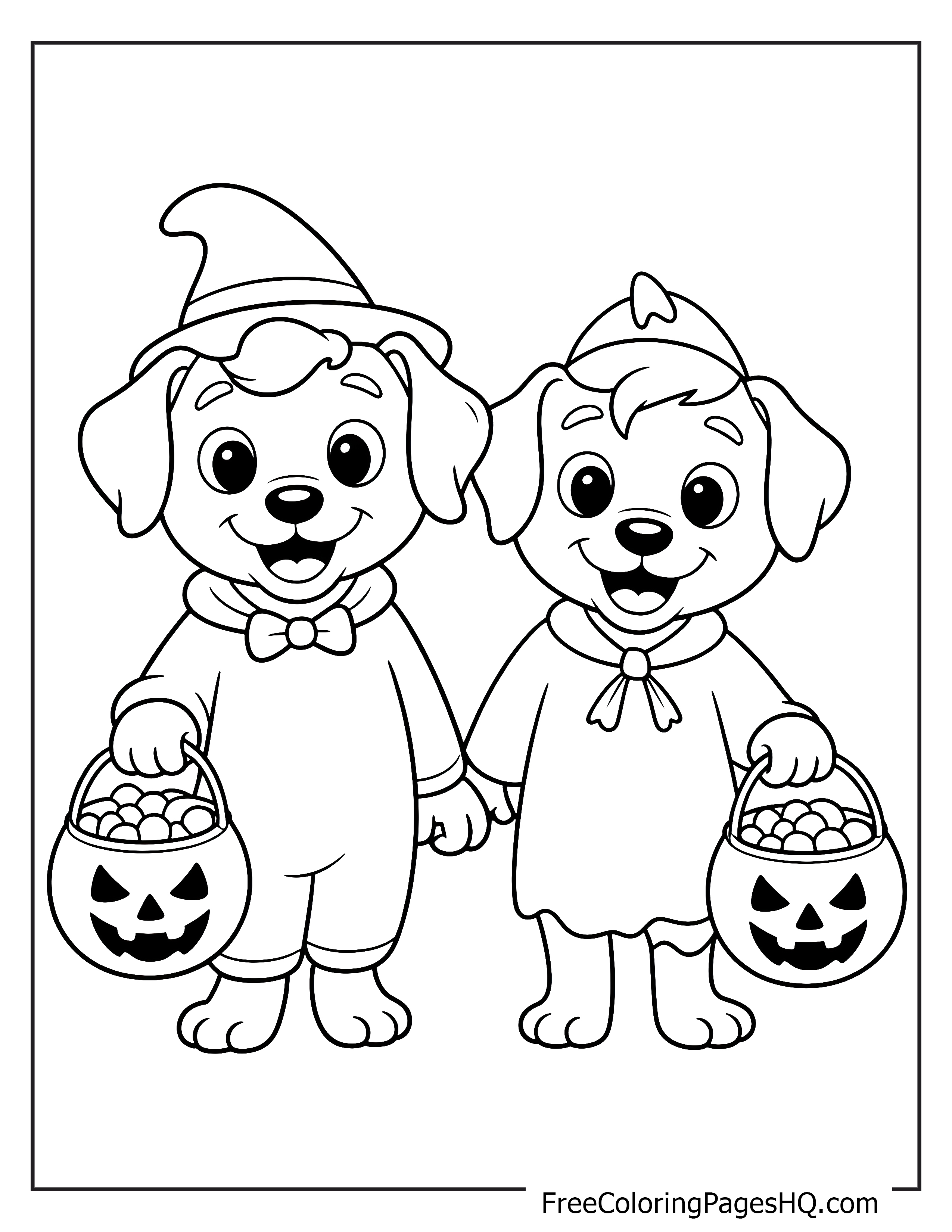 Cute puppies in Halloween costumes with candy buckets.