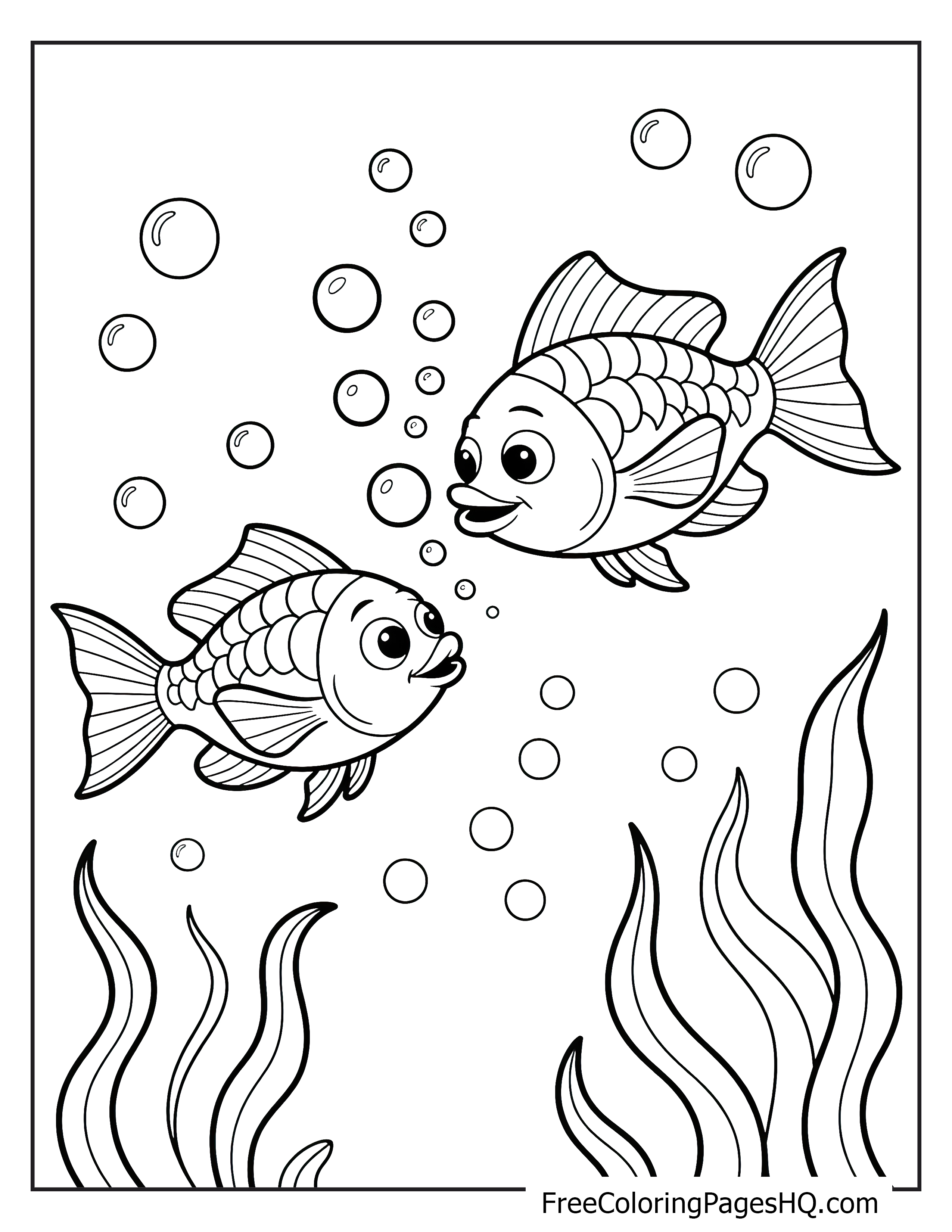 Illustration of two smiling fish surrounded by bubbles and sea plants.