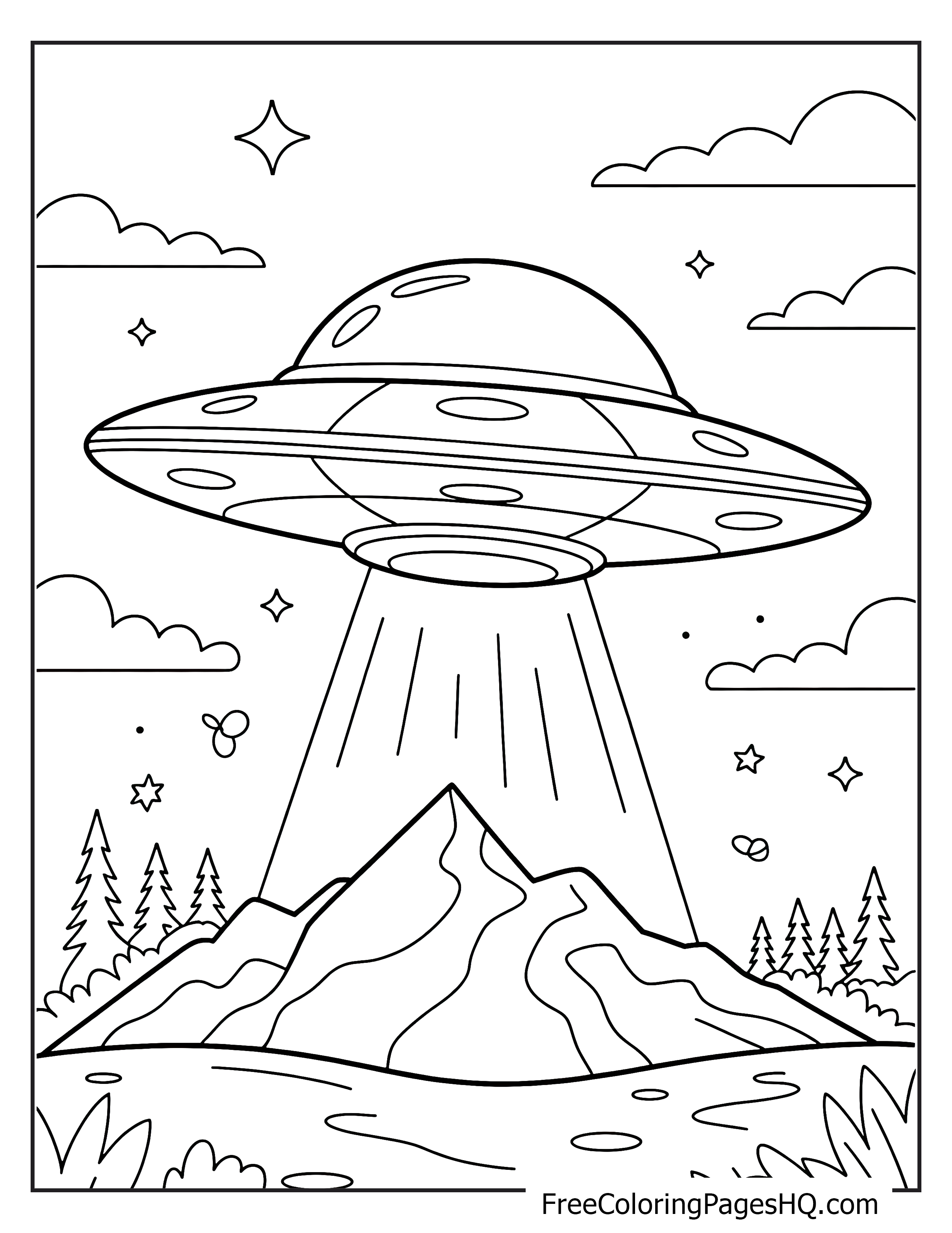 A flying saucer shines light over a mountain scene with clouds.