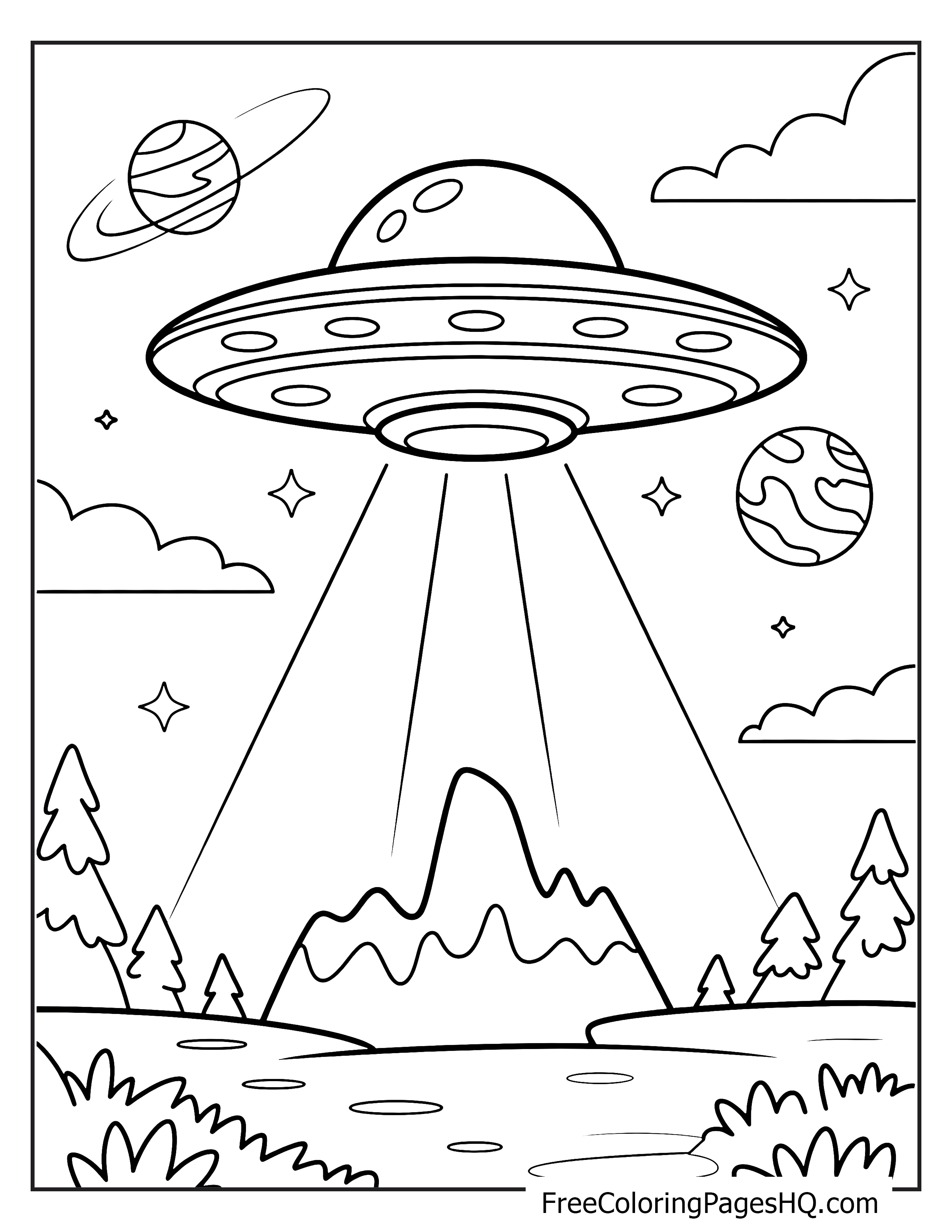 Illustration of a UFO with planets and mountains.