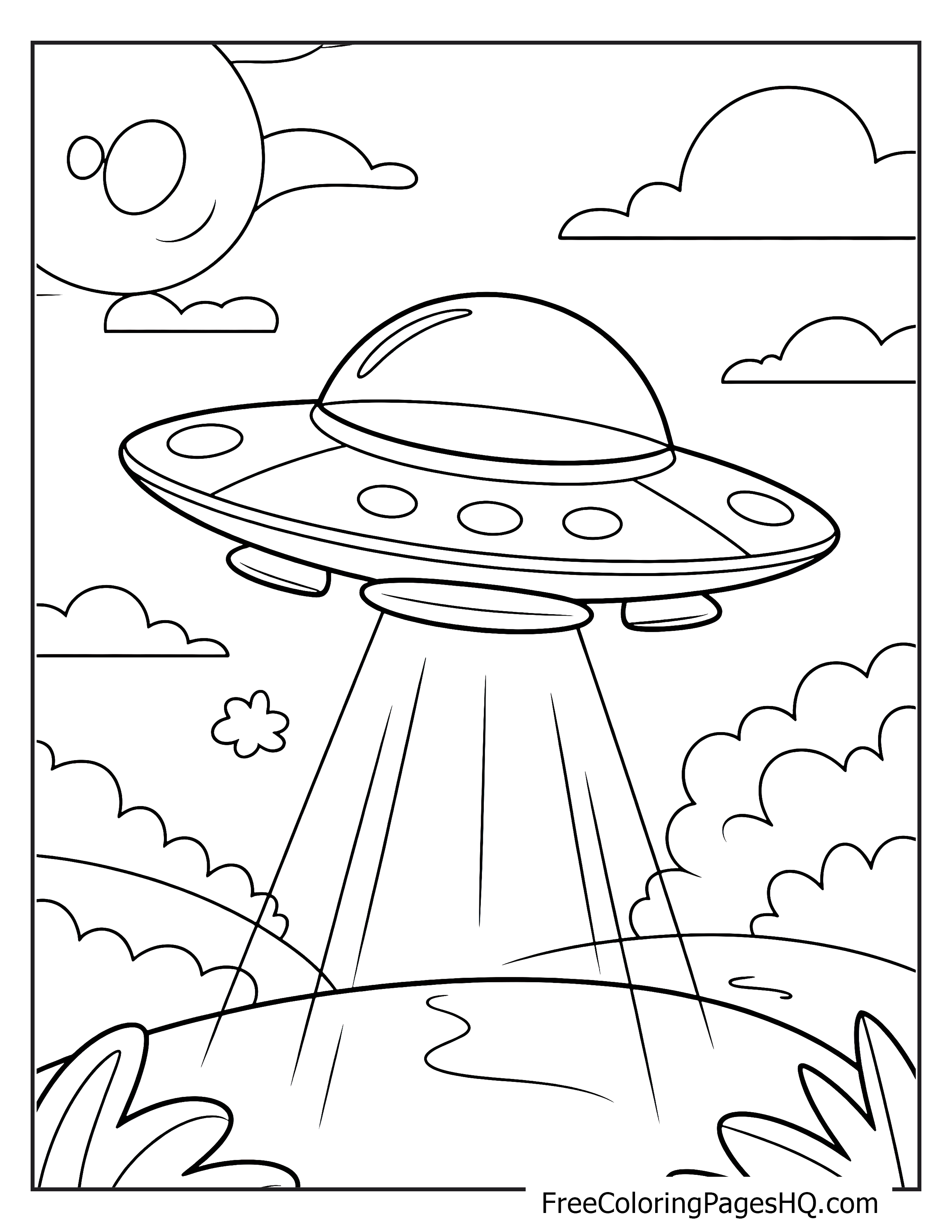 UFO and landscape scene with clouds.